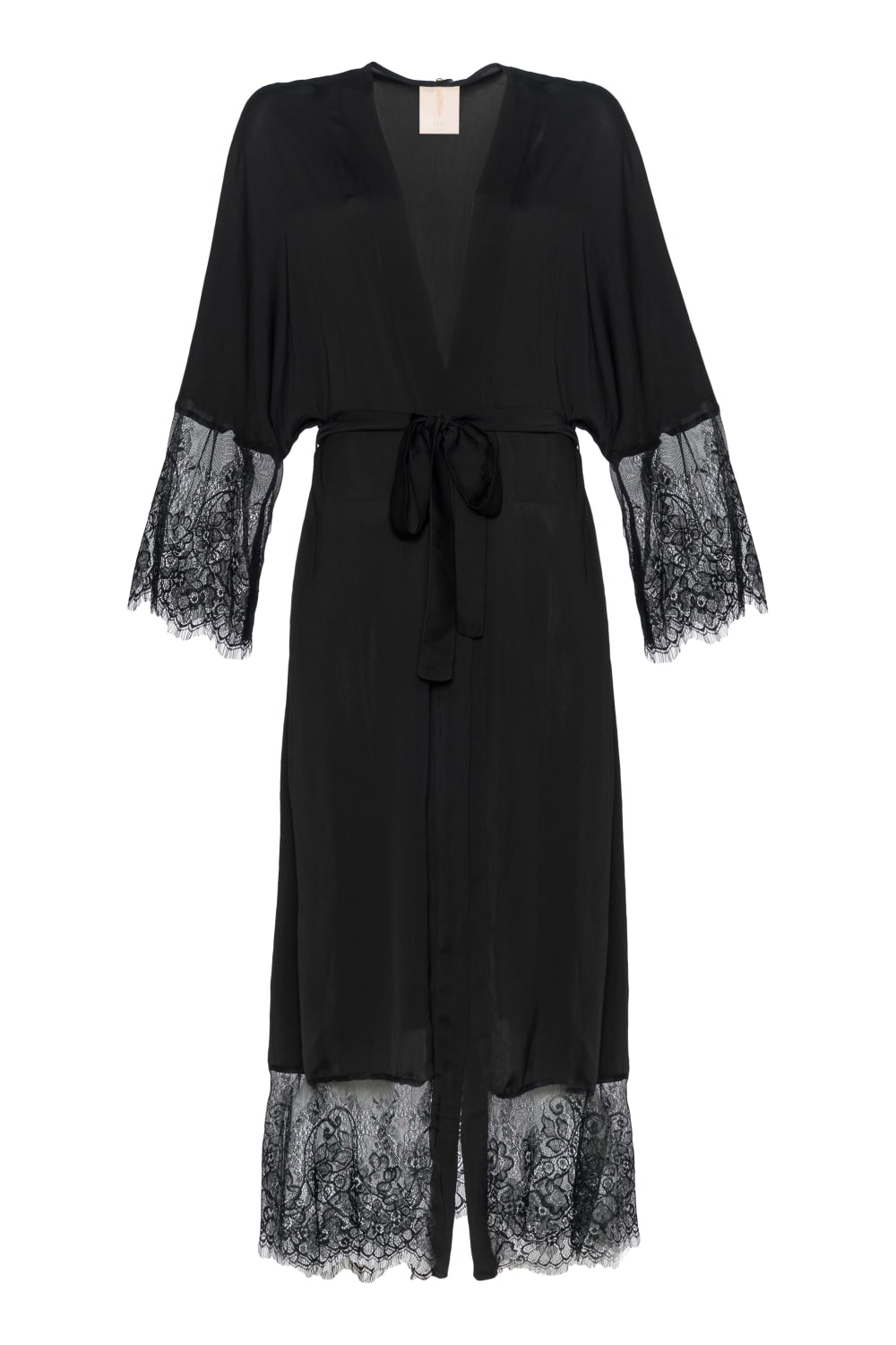 Pure Paris-Claire İpek Saten Uzun Dantelli Sabahlık - Siyah-Sabahlık-1-Milagron.com
