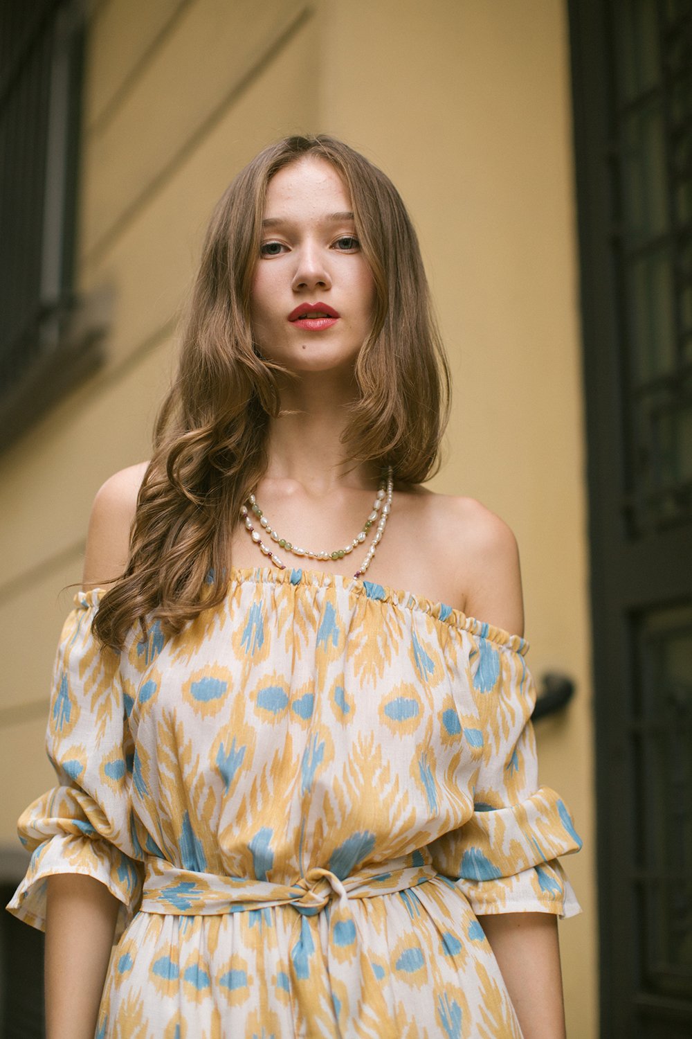 Pure Paris-Patmos Düşük Omuzlu Keten Elbise - Mavi Hardal-Elbise-1-Milagron.com