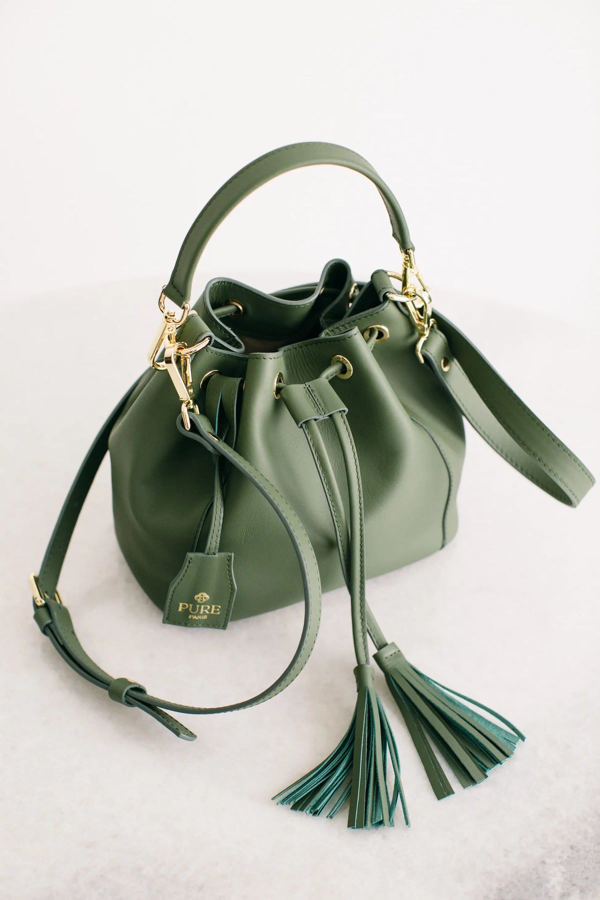 Pure Paris-Petit Bonbon Hakiki Deri Bucket Çanta, Haki Yeşil-Omuz Çantası-2-Milagron.com