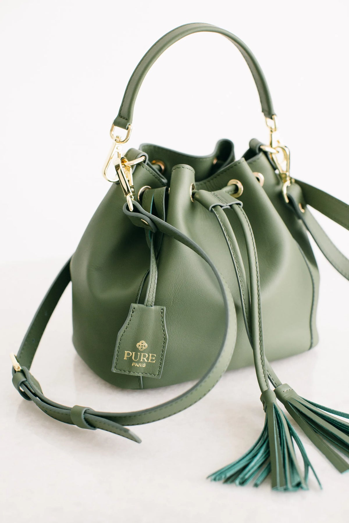 Pure Paris-Petit Bonbon Hakiki Deri Bucket Çanta, Haki Yeşil-Omuz Çantası-3-Milagron.com