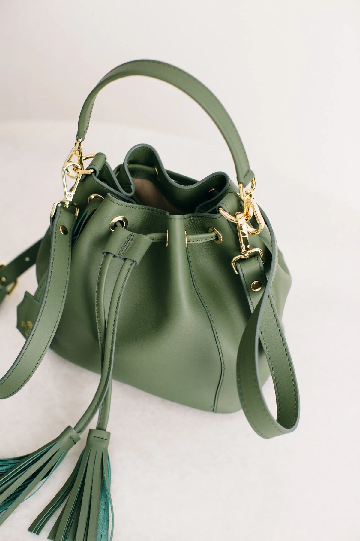 Pure Paris-Petit Bonbon Hakiki Deri Bucket Çanta, Haki Yeşil-Omuz Çantası-8-Milagron.com