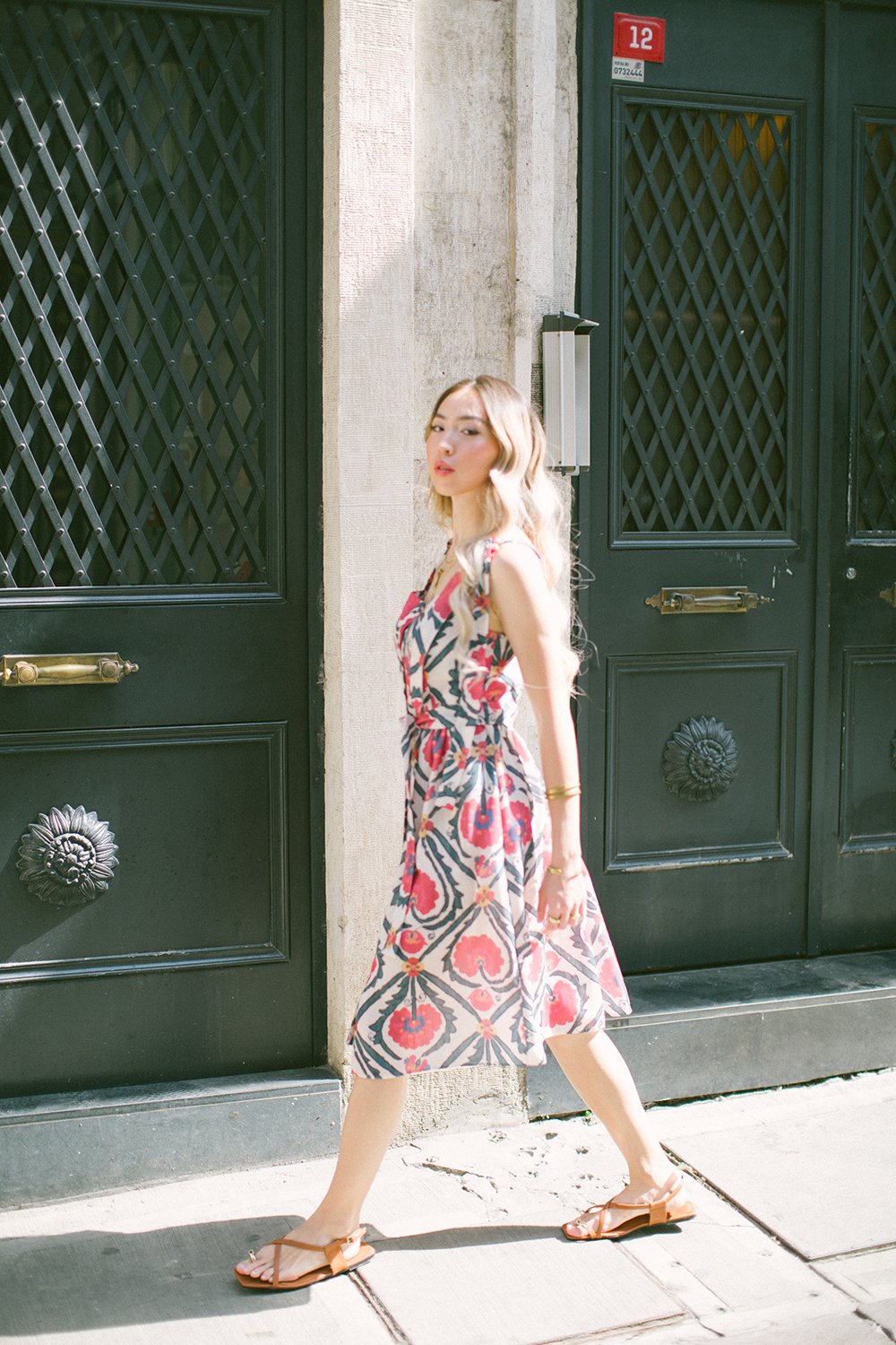 Pure Paris-Vintage Suzani Askılı Keten Midi Elbise - Pembe-Elbise-1-Milagron.com