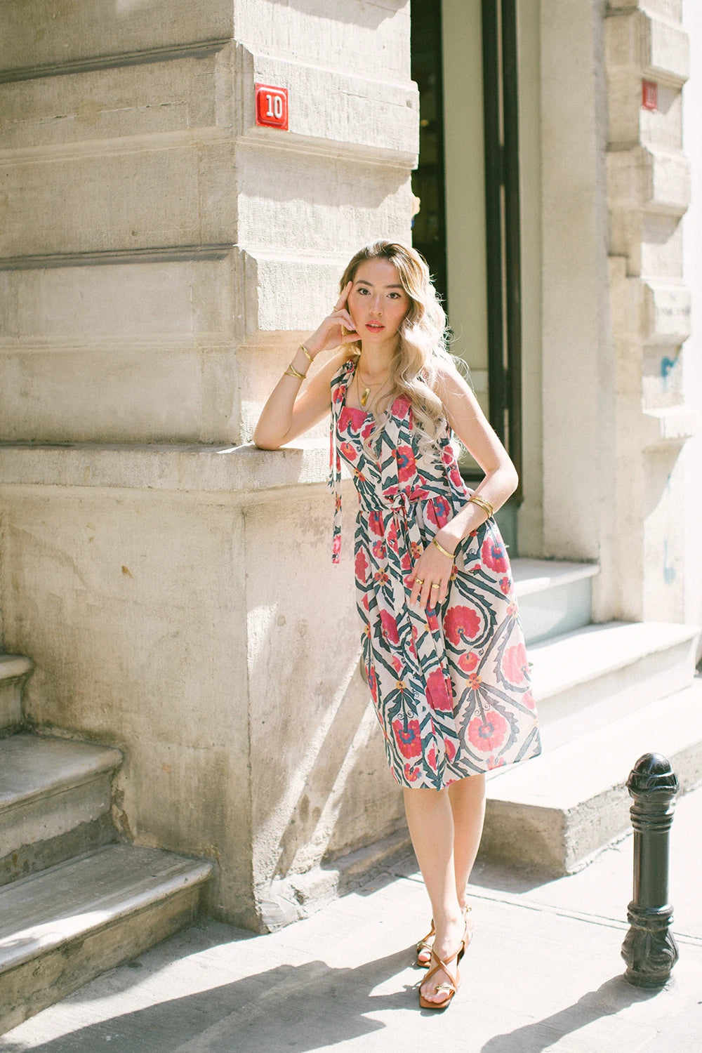 Vintage Suzani Askılı Keten Midi Elbise – Pembe