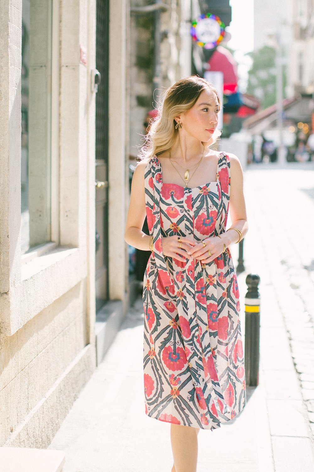 Pure Paris-Vintage Suzani Askılı Keten Midi Elbise - Pembe-Elbise-4-Milagron.com