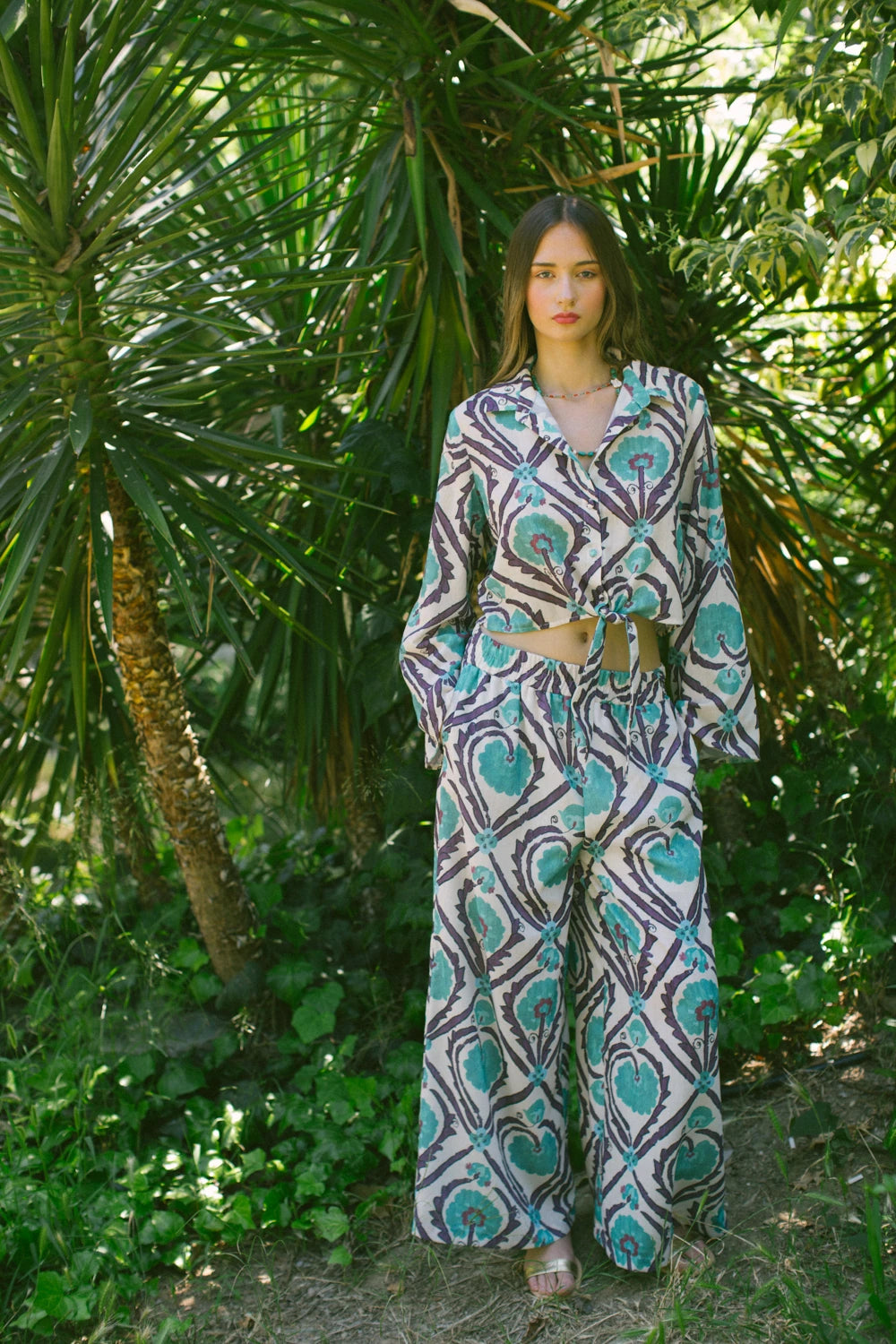Pure Paris-Vintage Suzani Belden Bağlamalı Gömlek Ve Pantolon – Turkuaz-Alt - Üst Takım-1-Milagron.com