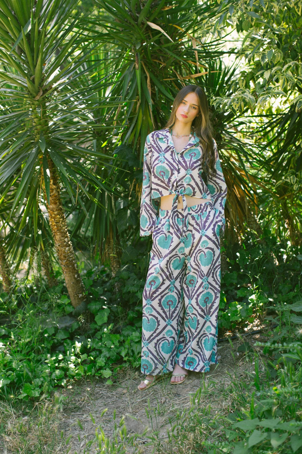Pure Paris-Vintage Suzani Belden Bağlamalı Gömlek Ve Pantolon – Turkuaz-Alt - Üst Takım-4-Milagron.com