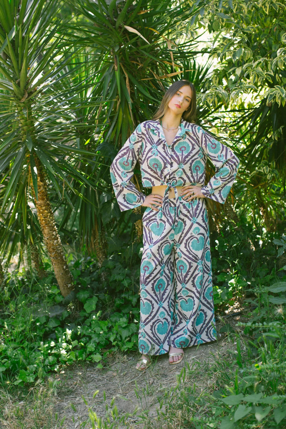 Pure Paris-Vintage Suzani Belden Bağlamalı Gömlek Ve Pantolon – Turkuaz-Alt - Üst Takım-5-Milagron.com