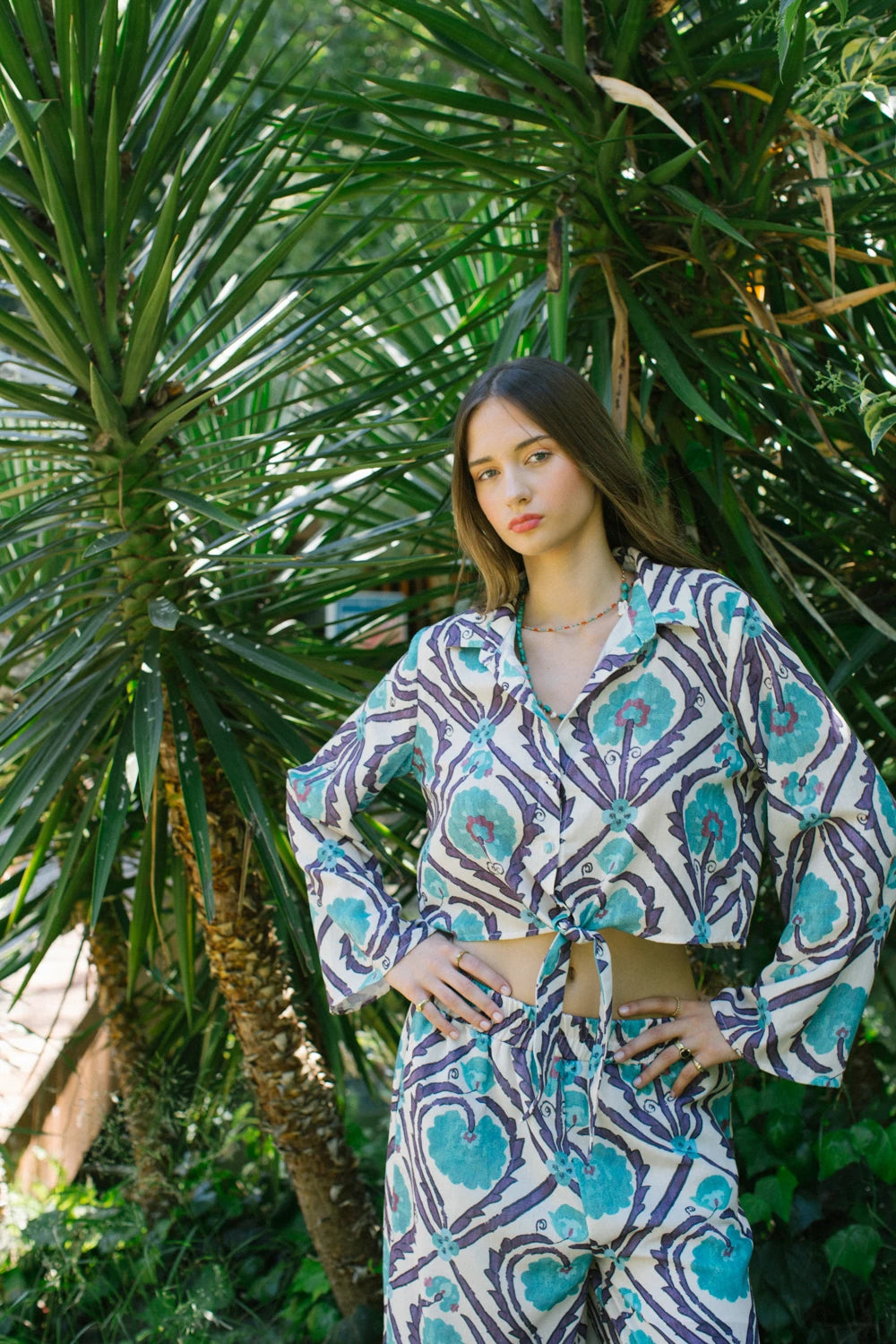 Pure Paris-Vintage Suzani Belden Bağlamalı Gömlek Ve Pantolon – Turkuaz-Alt - Üst Takım-7-Milagron.com