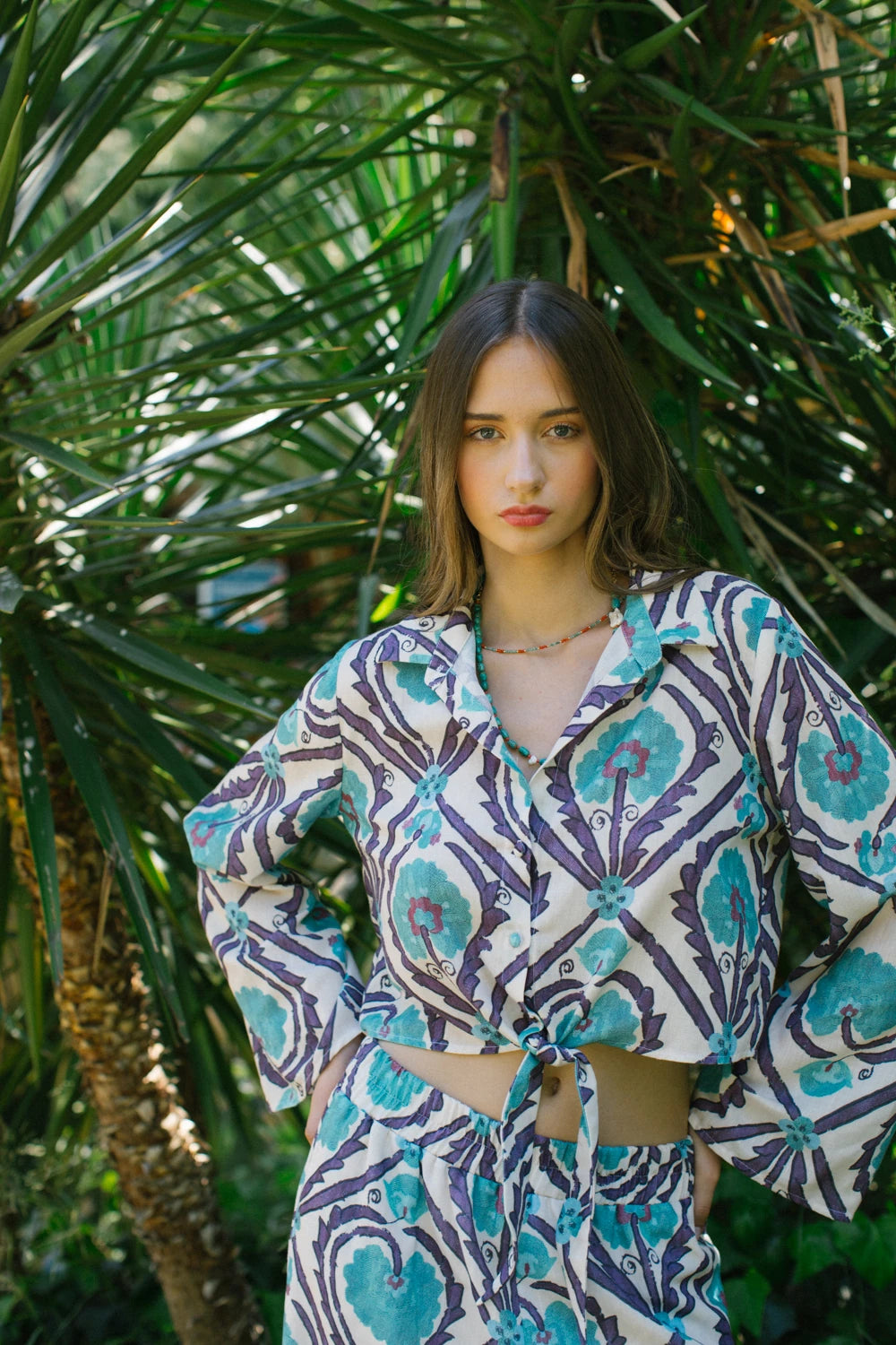 Pure Paris-Vintage Suzani Belden Bağlamalı Gömlek Ve Pantolon – Turkuaz-Alt - Üst Takım-9-Milagron.com