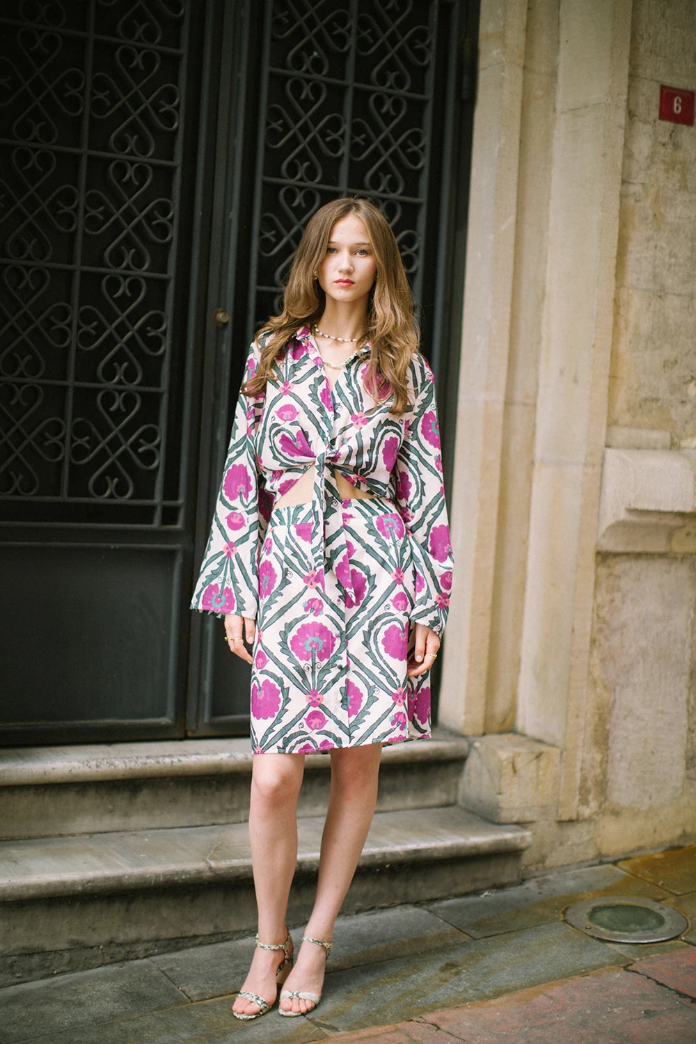 Vintage Suzani Belden Bağlamalı Gömlek ve Midi Etek – Mor