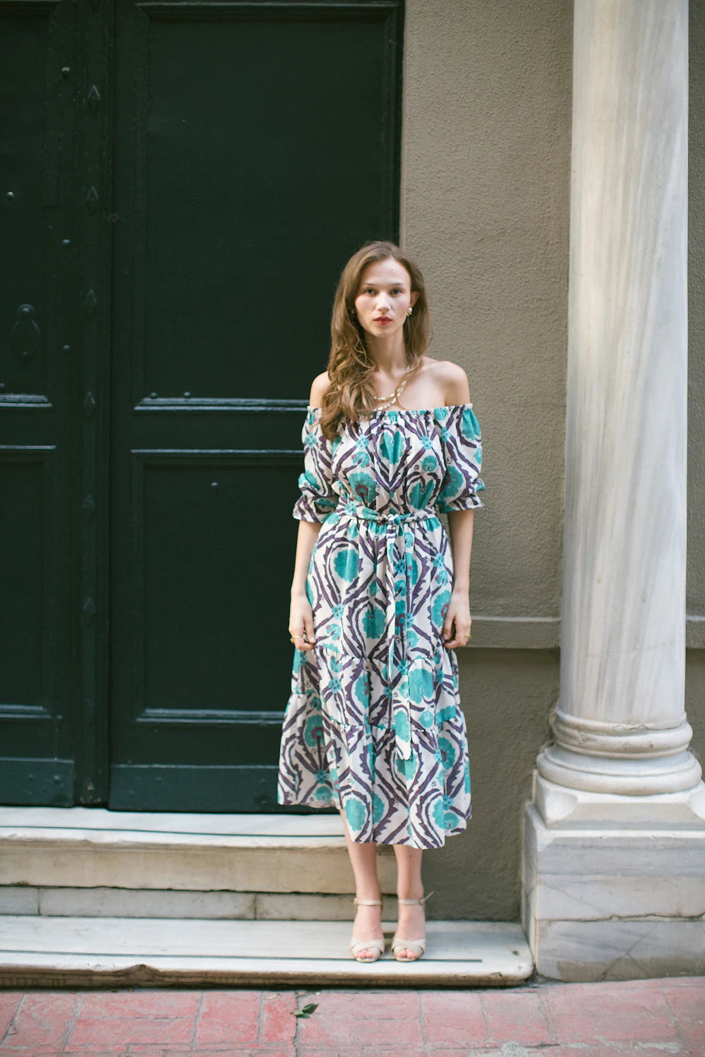 Pure Paris-Vintage Suzani Düşük Omuzlu Keten Elbise – Turkuaz-Elbise-10-Milagron.com