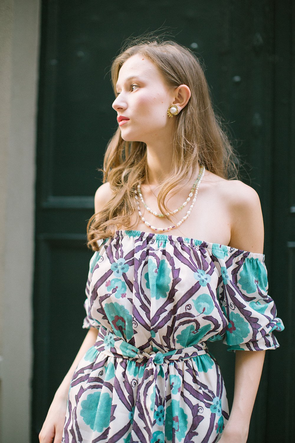 Pure Paris-Vintage Suzani Düşük Omuzlu Keten Elbise - Turkuaz-Elbise-5-Milagron.com