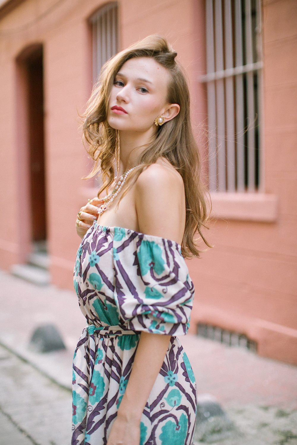 Pure Paris-Vintage Suzani Düşük Omuzlu Keten Elbise - Turkuaz-Elbise-6-Milagron.com