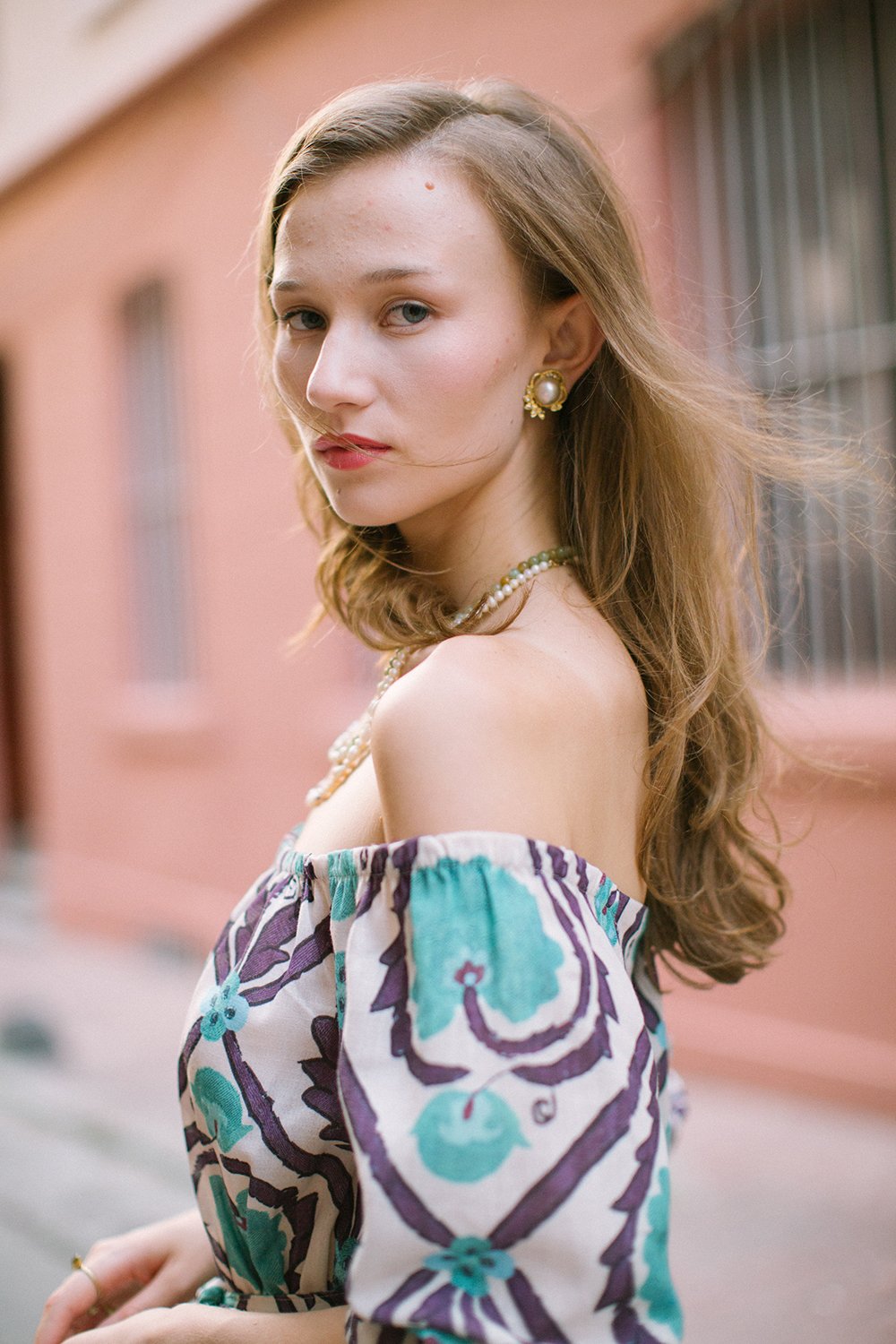 Pure Paris-Vintage Suzani Düşük Omuzlu Keten Elbise - Turkuaz-Elbise-8-Milagron.com