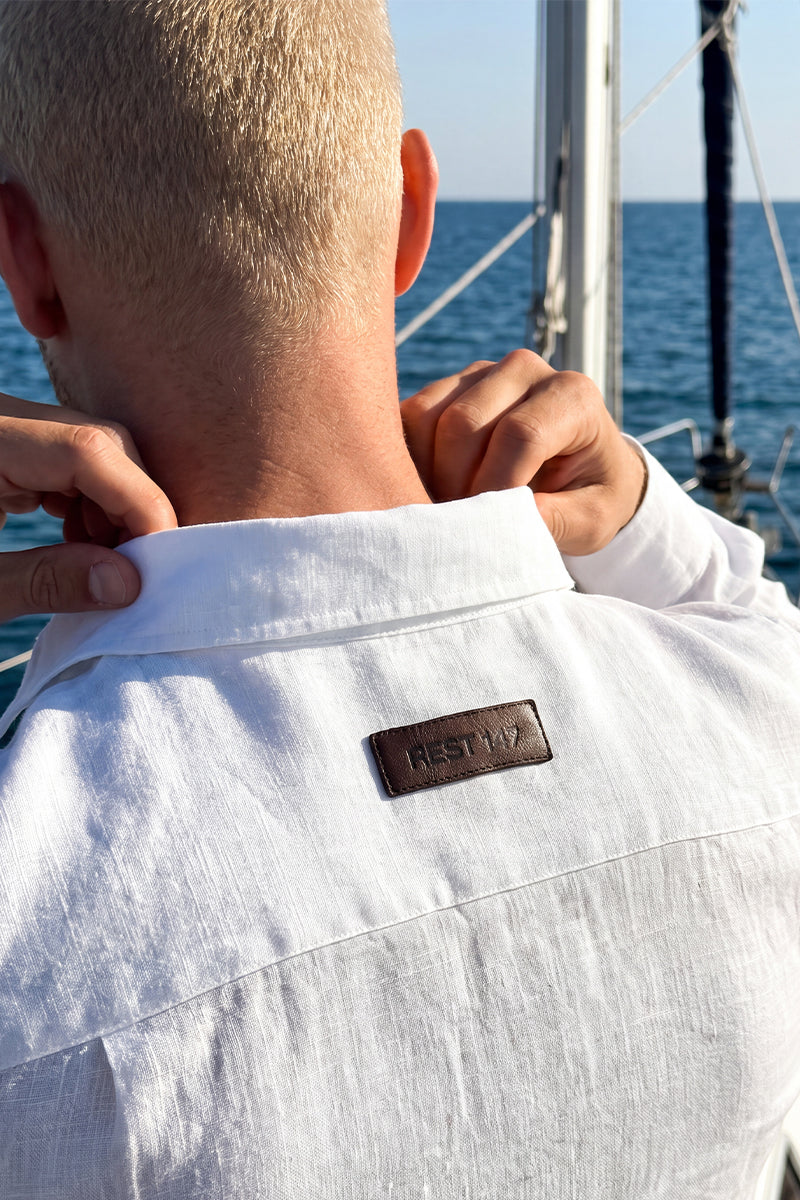 Erkek Oversized Leather Detailed Linen Shirt - Kırık Beyaz