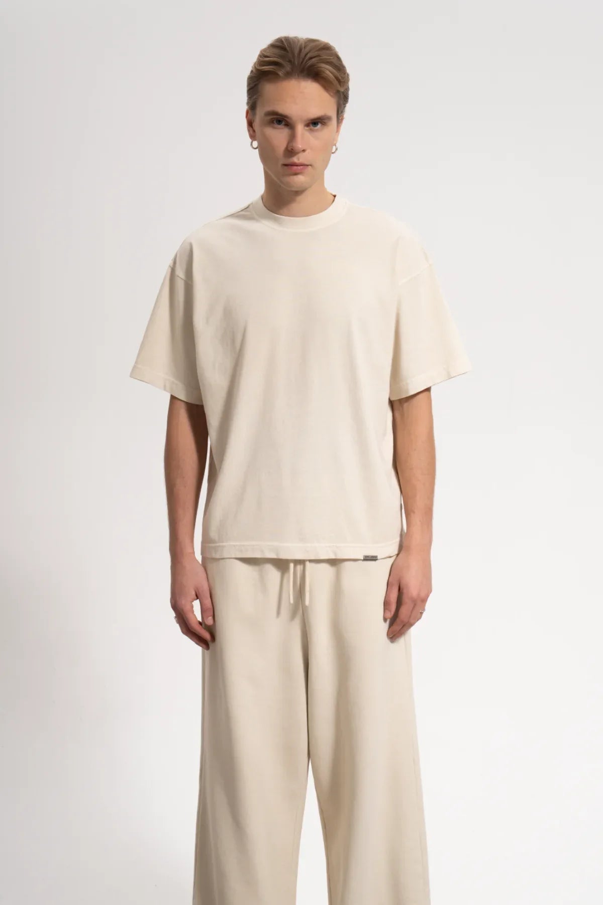 Erkek Oversized Washed Basic T-Shirt - Bej
