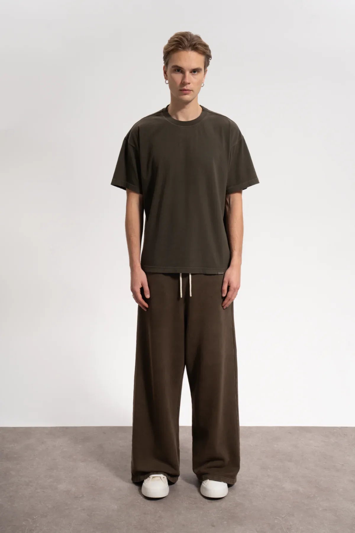 Erkek Oversized Washed Basic T-Shirt - Kahverengi