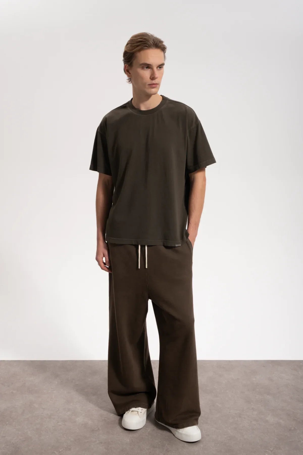 Erkek Oversized Washed Basic T-Shirt - Kahverengi