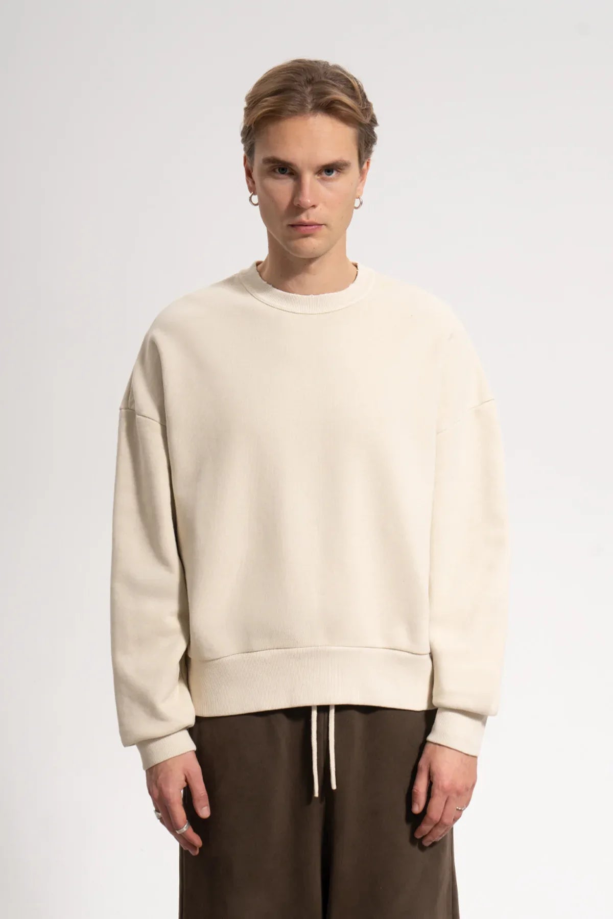 Erkek Oversized Washed Distressed Sweatshirt - Bej - 0
