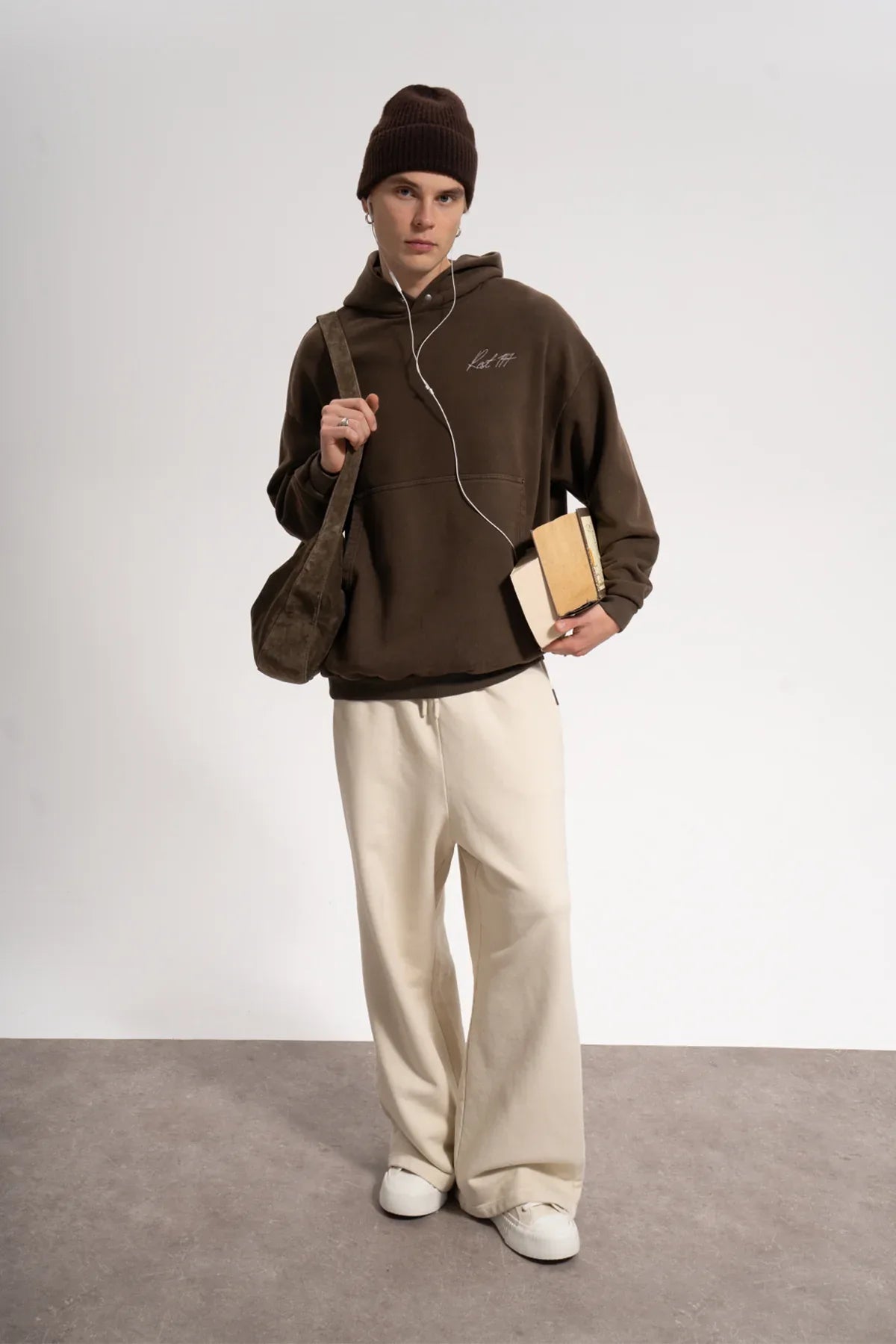 Erkek Oversized Washed Embroidered Hoodie - Kahverengi