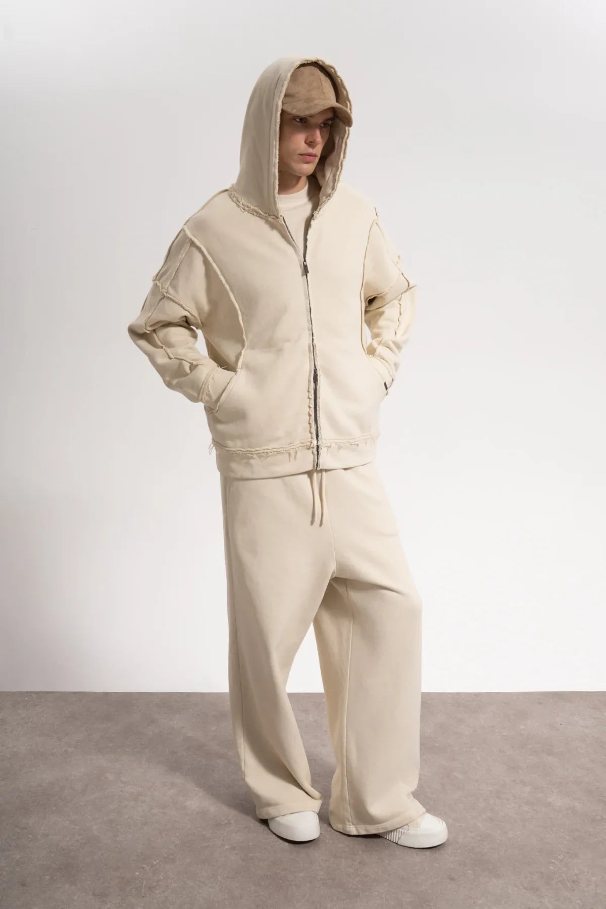 Erkek Oversized Washed Raw Seam Zip Hoodie - Bej - 2