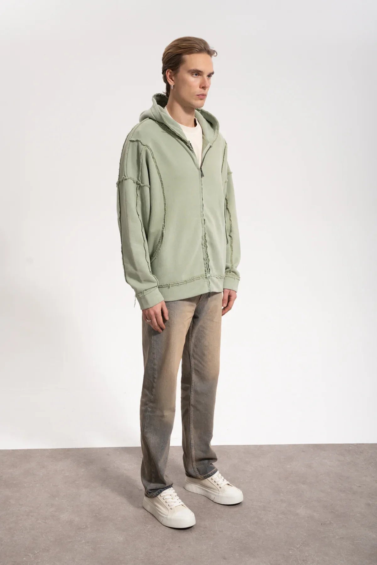 Erkek Oversized Washed Raw Seam Zip Hoodie - Yeşil - 0