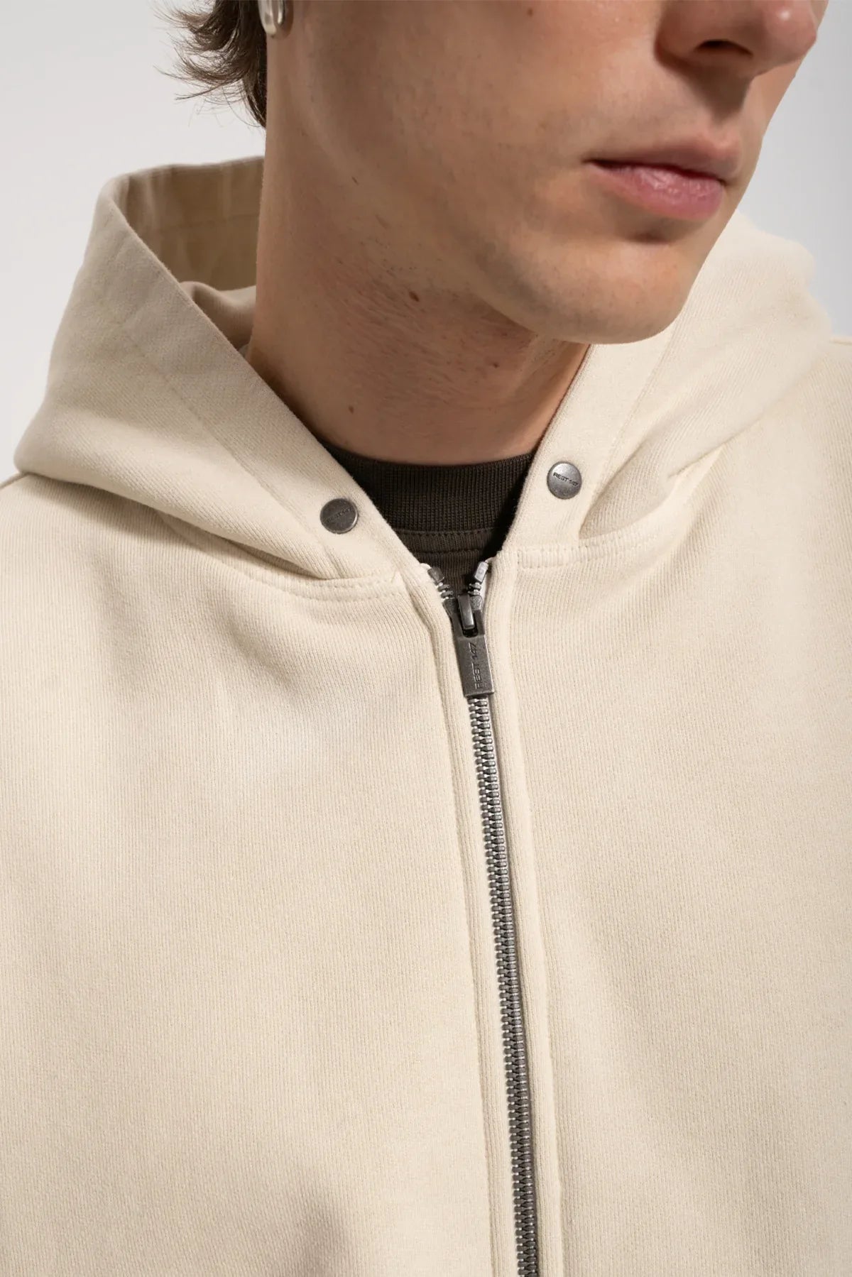 Erkek Oversized Washed Zip Hoodie - Bej