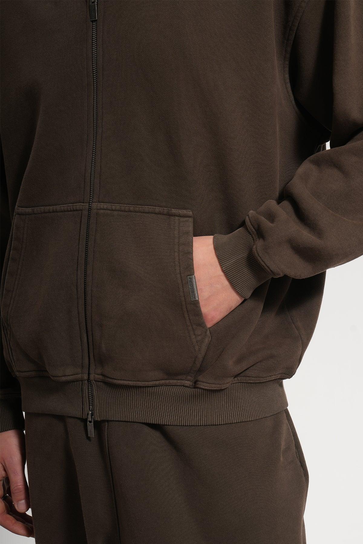 Erkek Oversized Washed Zip Hoodie - Kahverengi