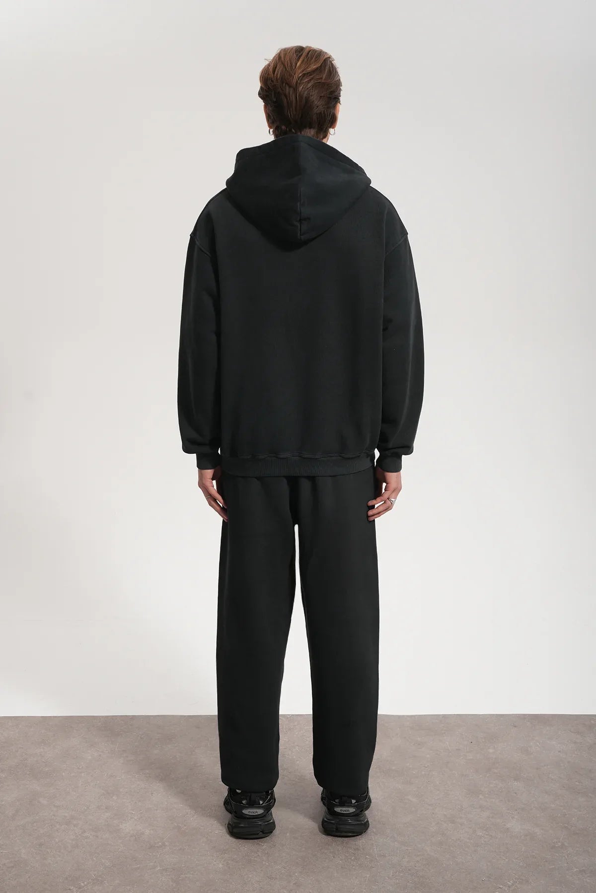 Erkek Oversized Washed Zip Hoodie - Siyah