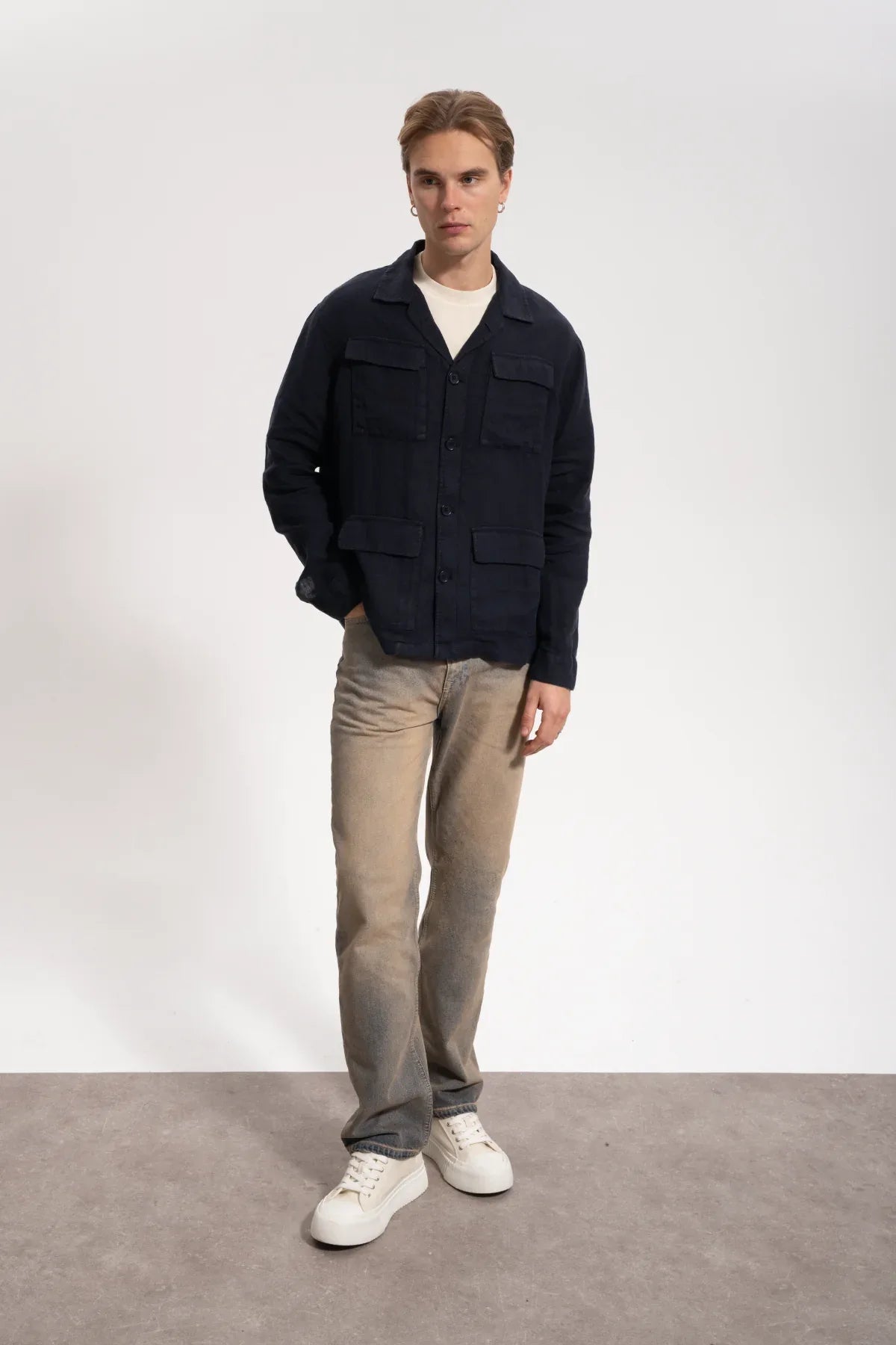 Erkek Relaxed Fit Linen Shirt - Lacivert