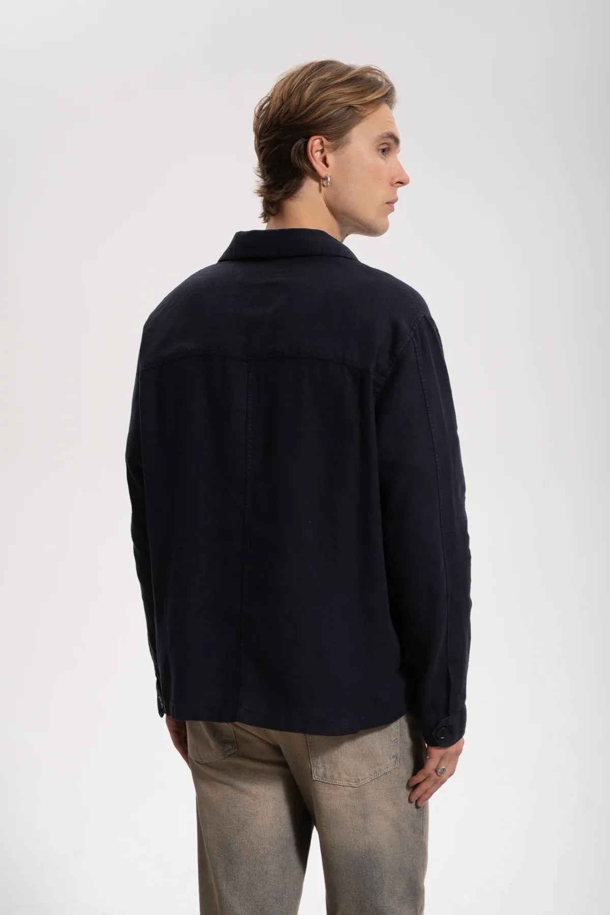 Erkek Relaxed Fit Linen Shirt - Lacivert