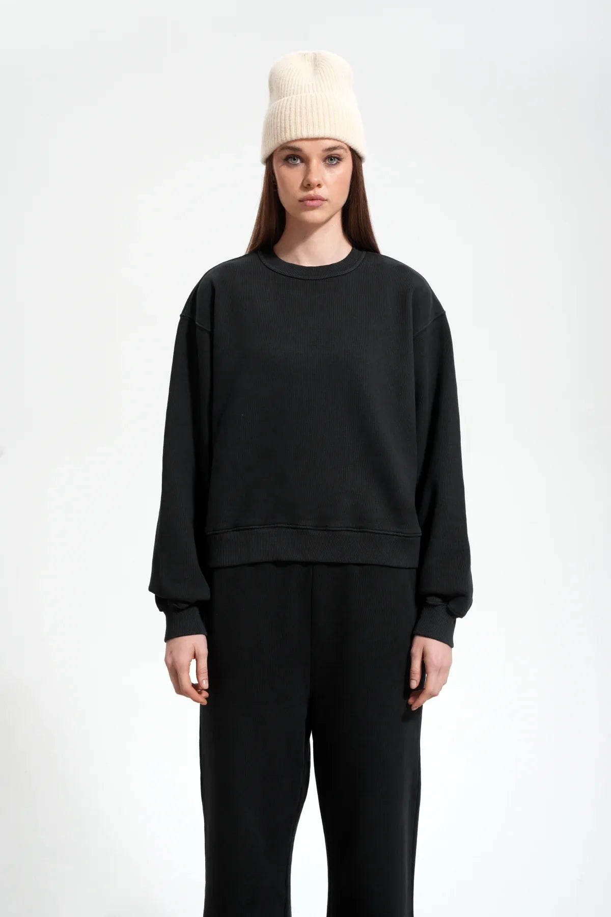 Kadın Boxy Fit Oversized Washed Sweatshirt - Siyah - 0