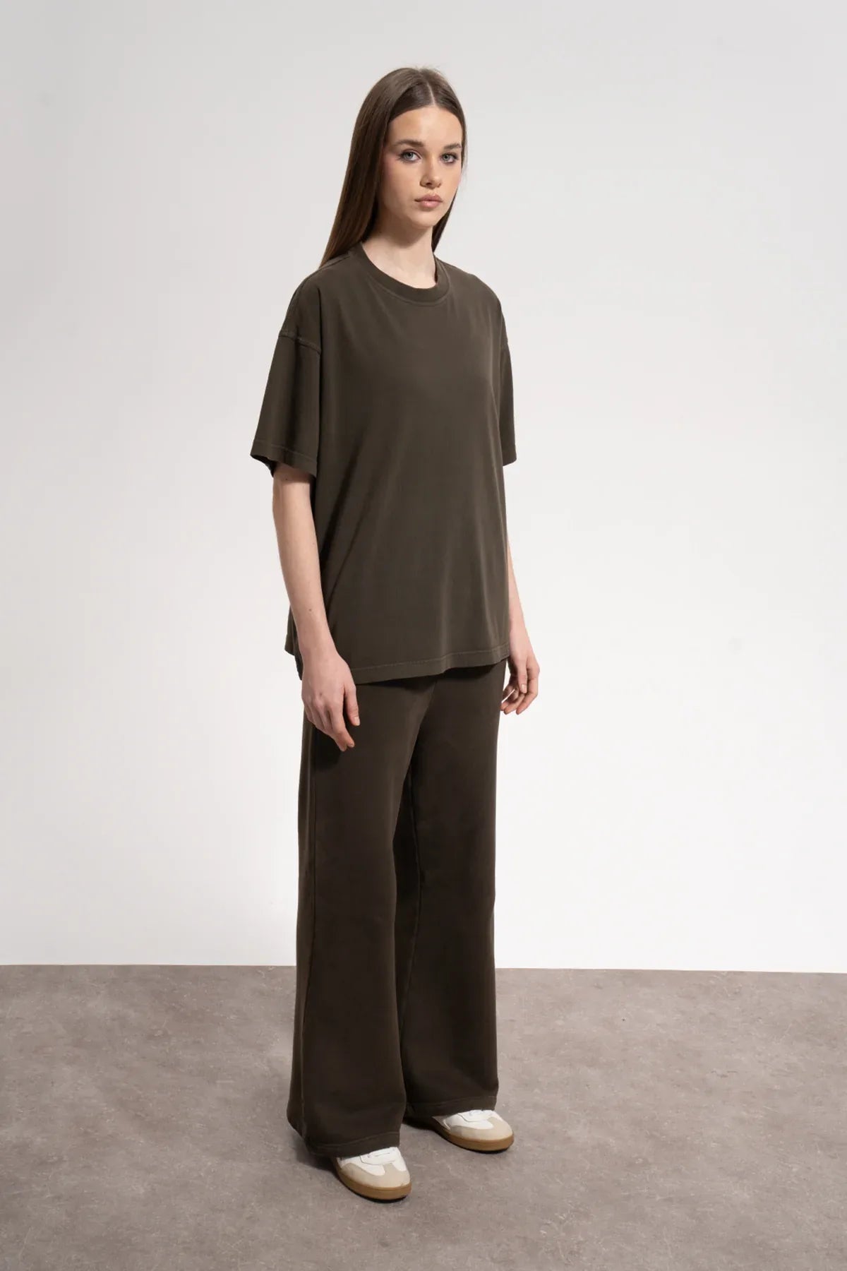 Kadın Oversized Washed Basic T-Shirt - Kahverengi