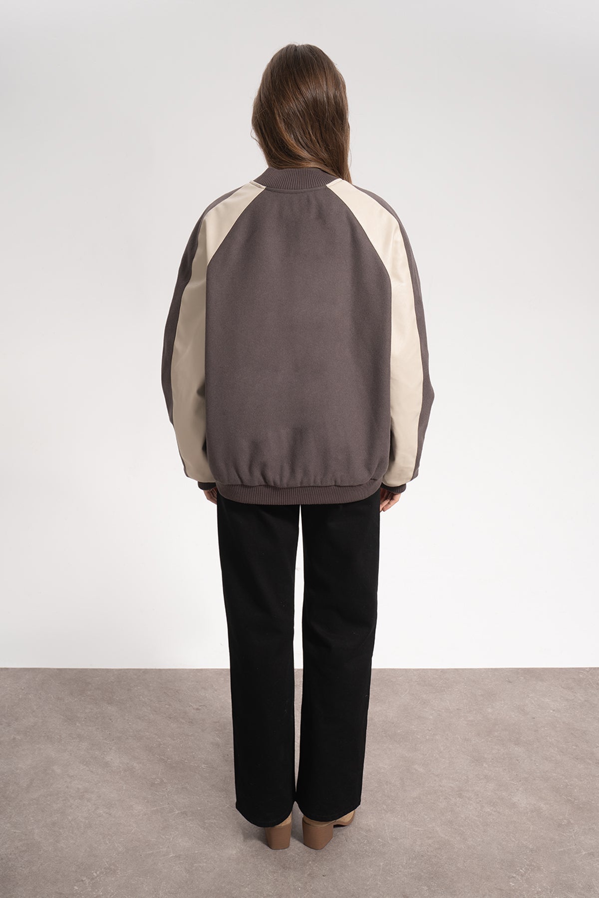 Unisex Relaxed Fit Leather College Jacket - Kahverengi - 3