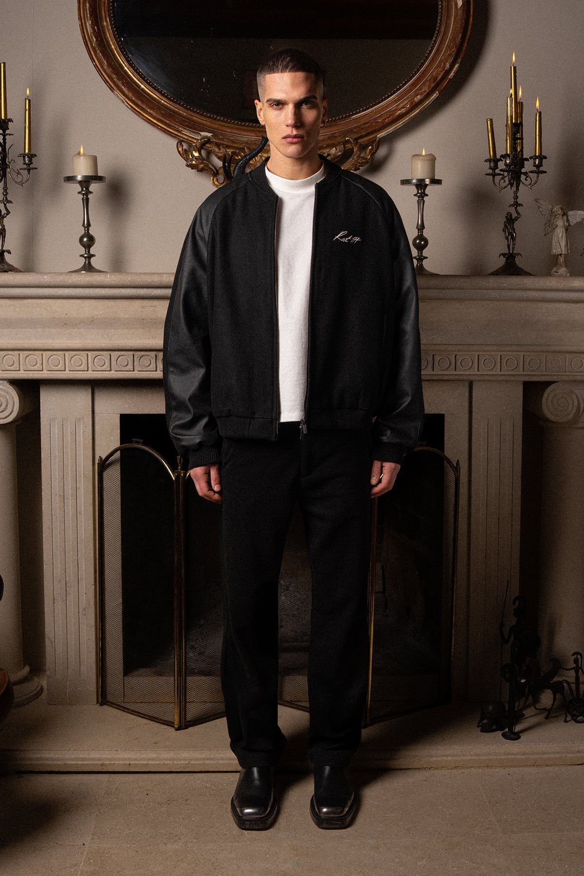 Unisex Relaxed Fit Leather College Jacket - Siyah