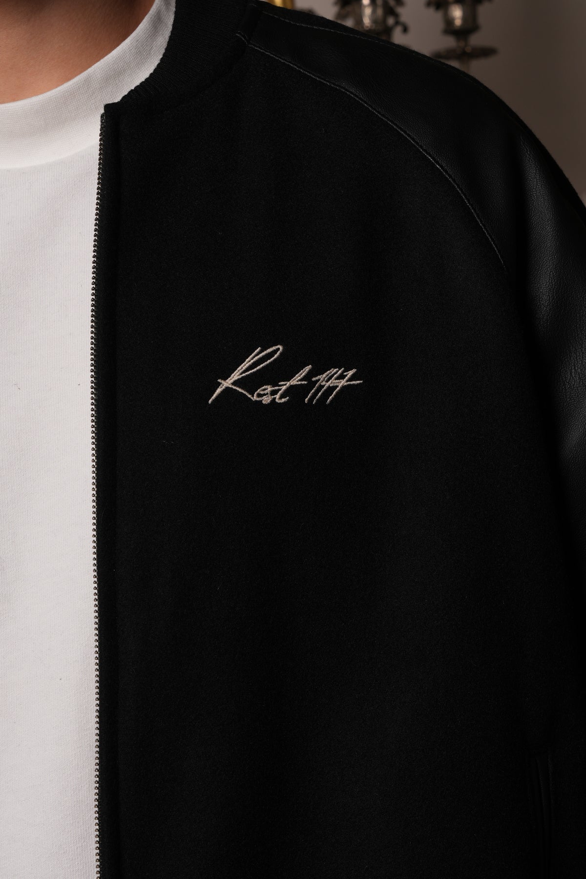 Unisex Relaxed Fit Leather College Jacket - Siyah