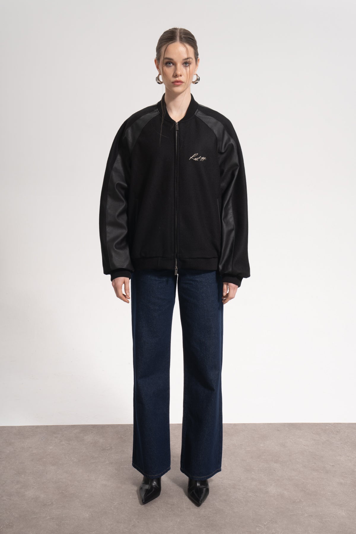 Unisex Relaxed Fit Leather College Jacket - Siyah