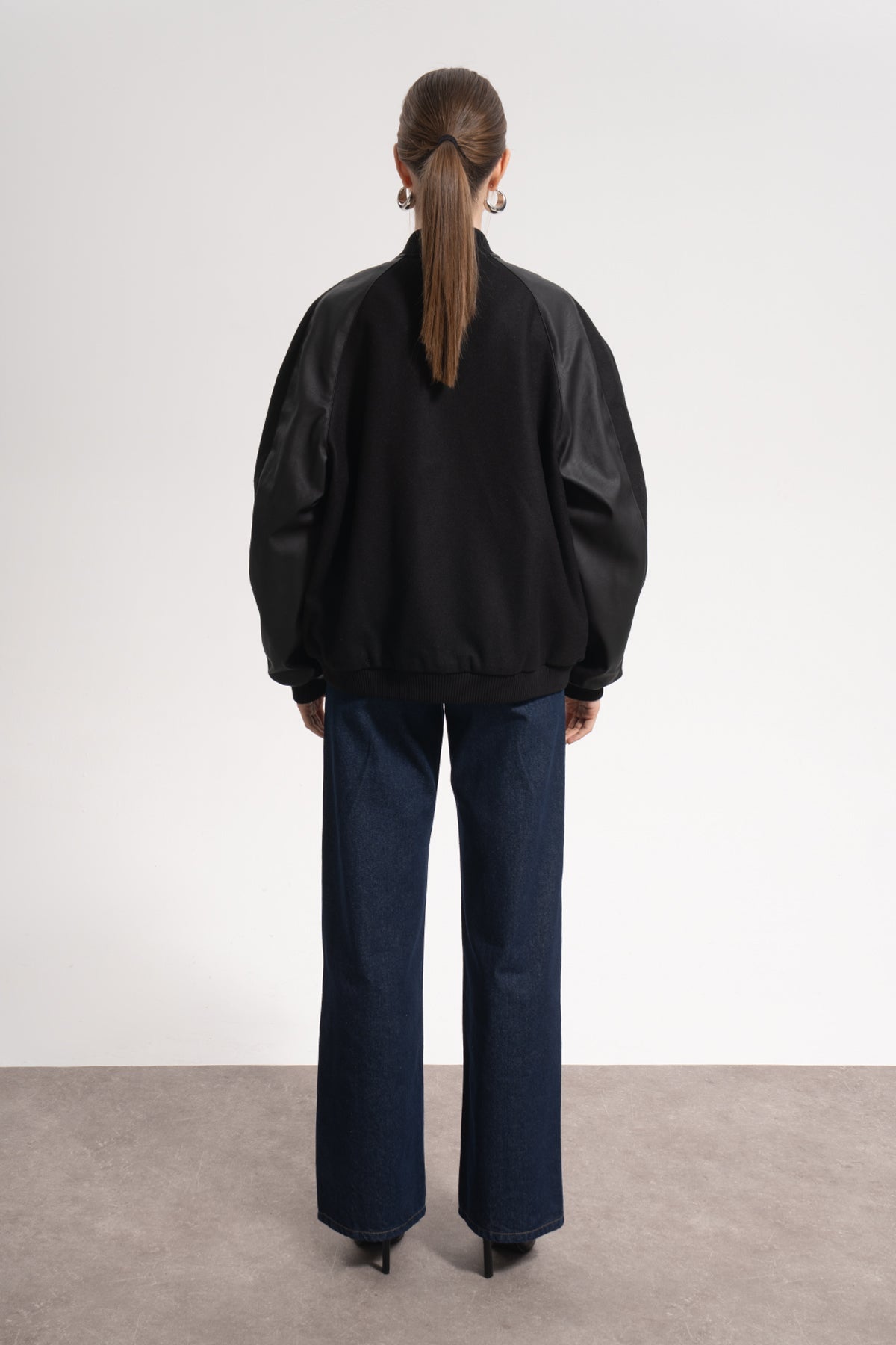 Unisex Relaxed Fit Leather College Jacket - Siyah