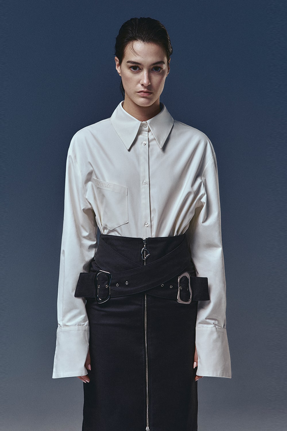 Recordis Paris-Luce Buckle Midi Skirt-Etek-2-Milagron.com