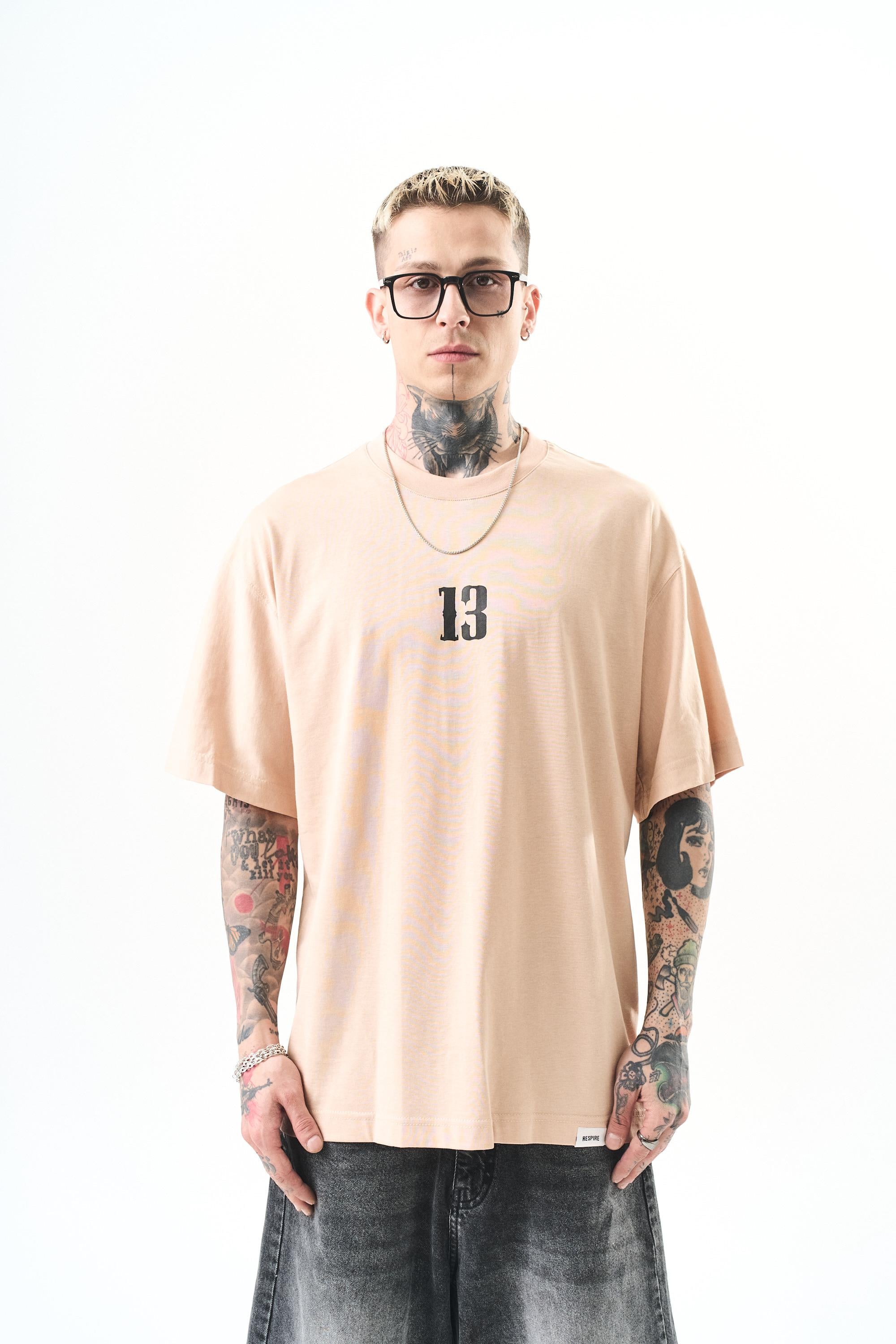 Erkek 13 Baskılı Oversize T-Shirt Bej