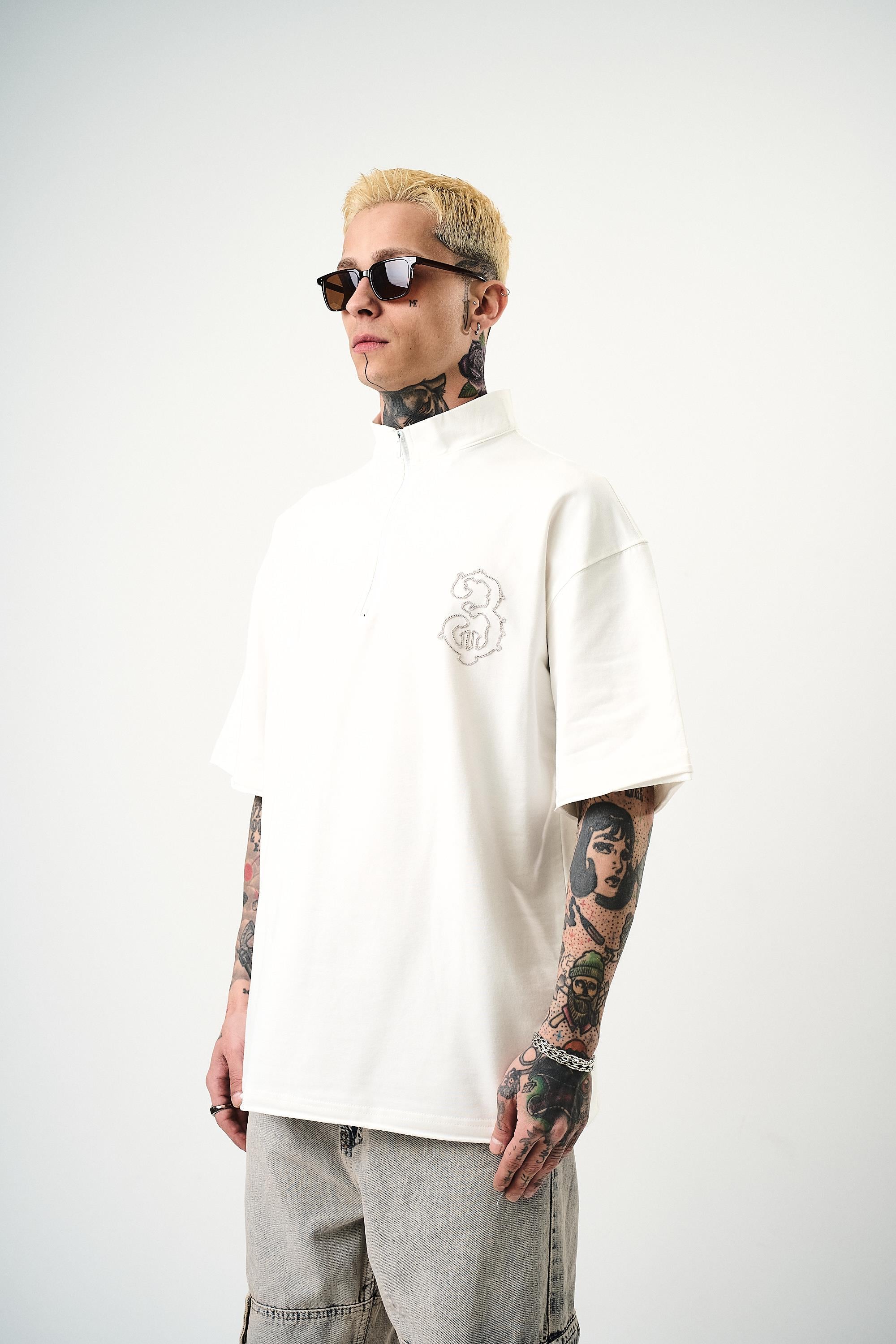 Erkek 3 Nakışlı Yarım Fermuarlı Oversize T-Shirt Ekru