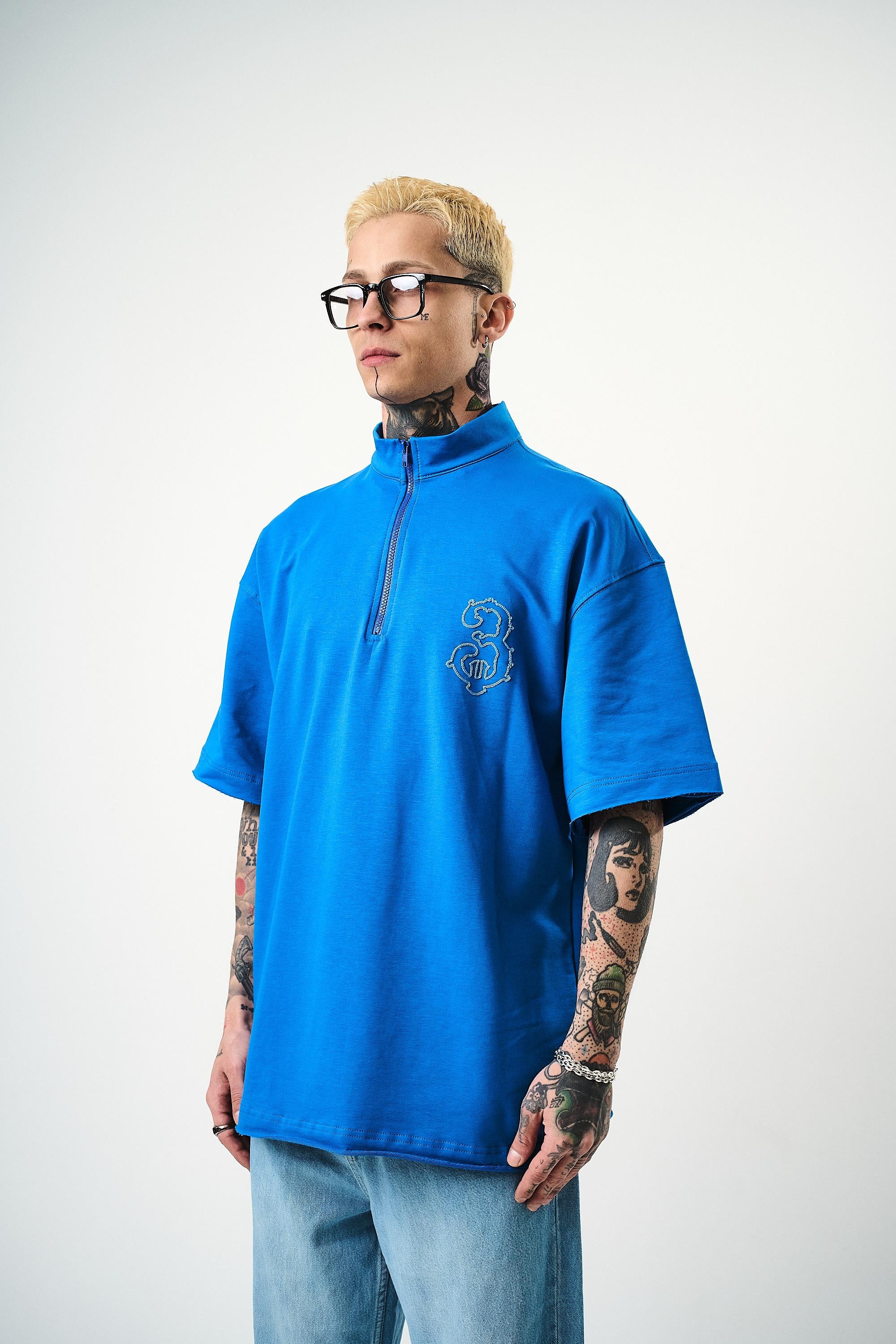 Erkek 3 Nakışlı Yarım Fermuarlı Oversize T-Shirt Mavi