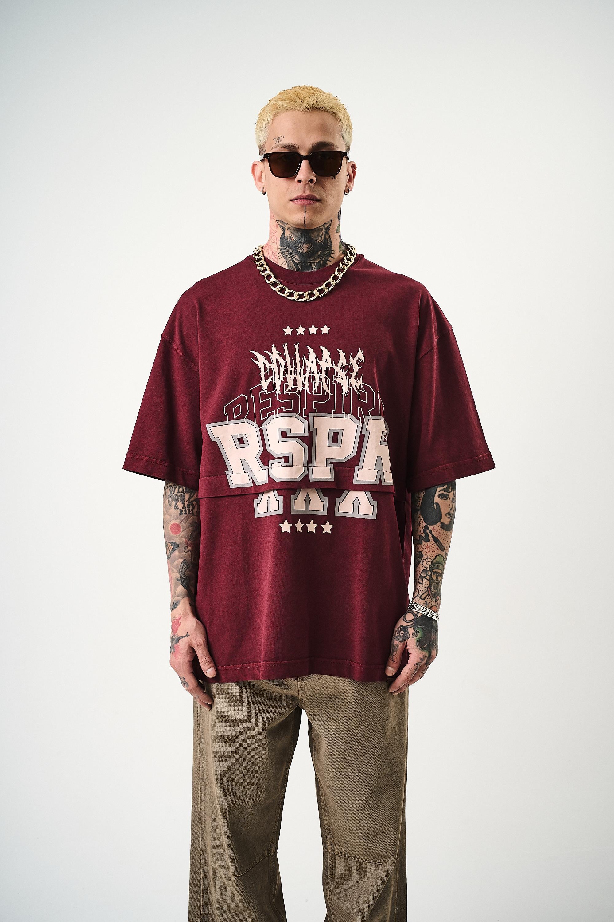 Erkek Respire Baskılı Yıkamalı Oversize T-Shirt Bordo - 0