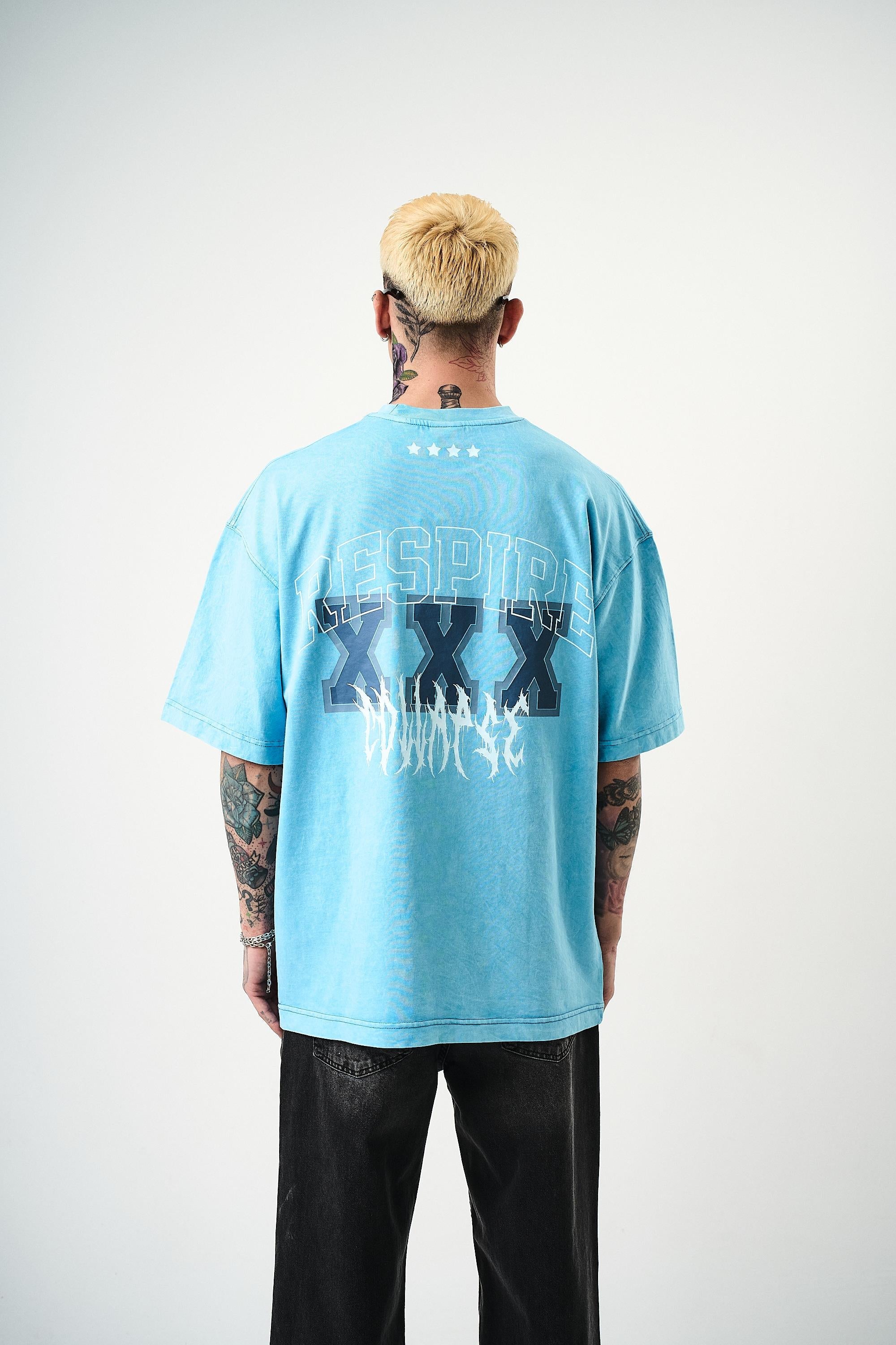 Respire Baskılı Yıkamalı Oversize T-Shirt Mavi - 1