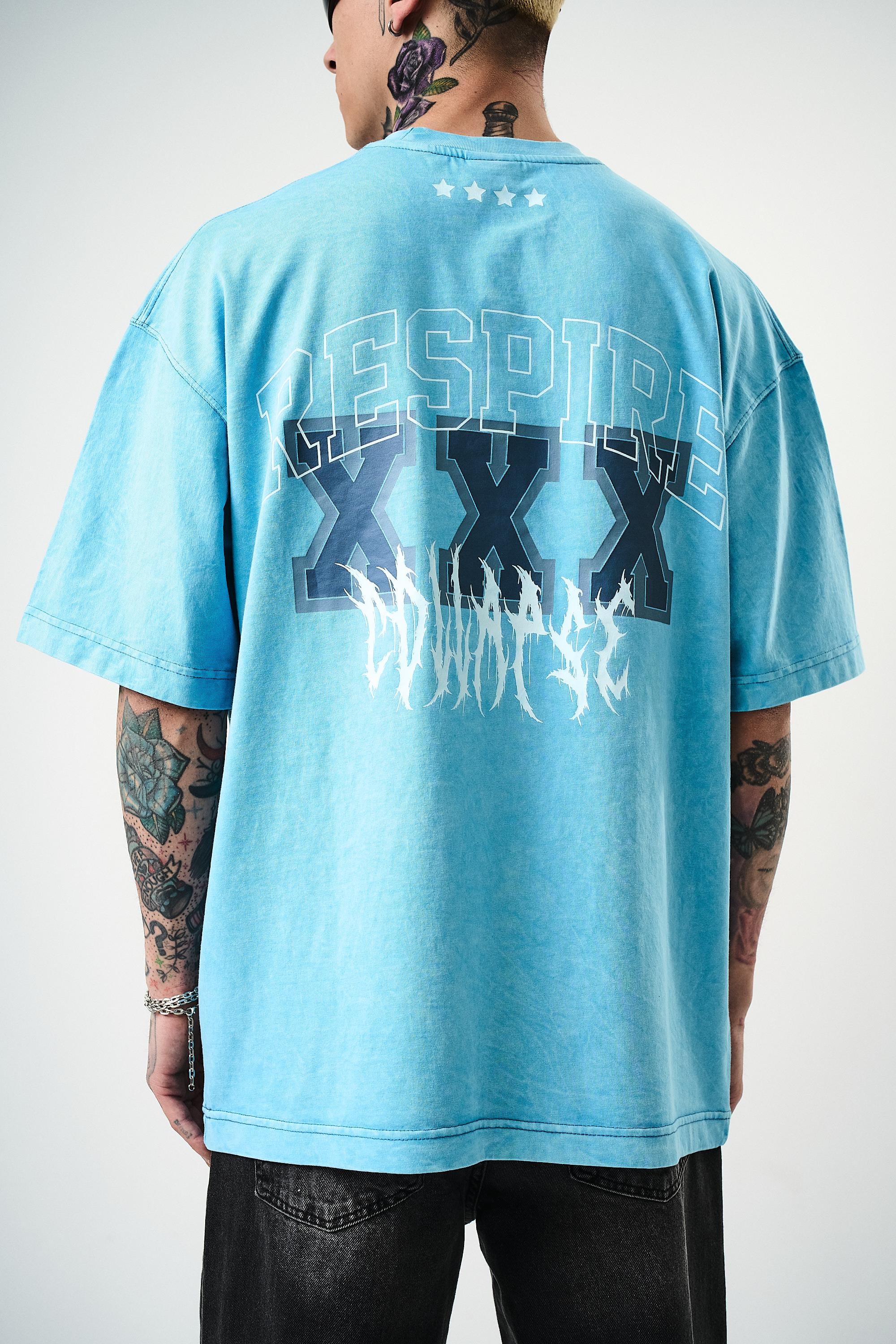 Respire Baskılı Yıkamalı Oversize T-Shirt Mavi - 3