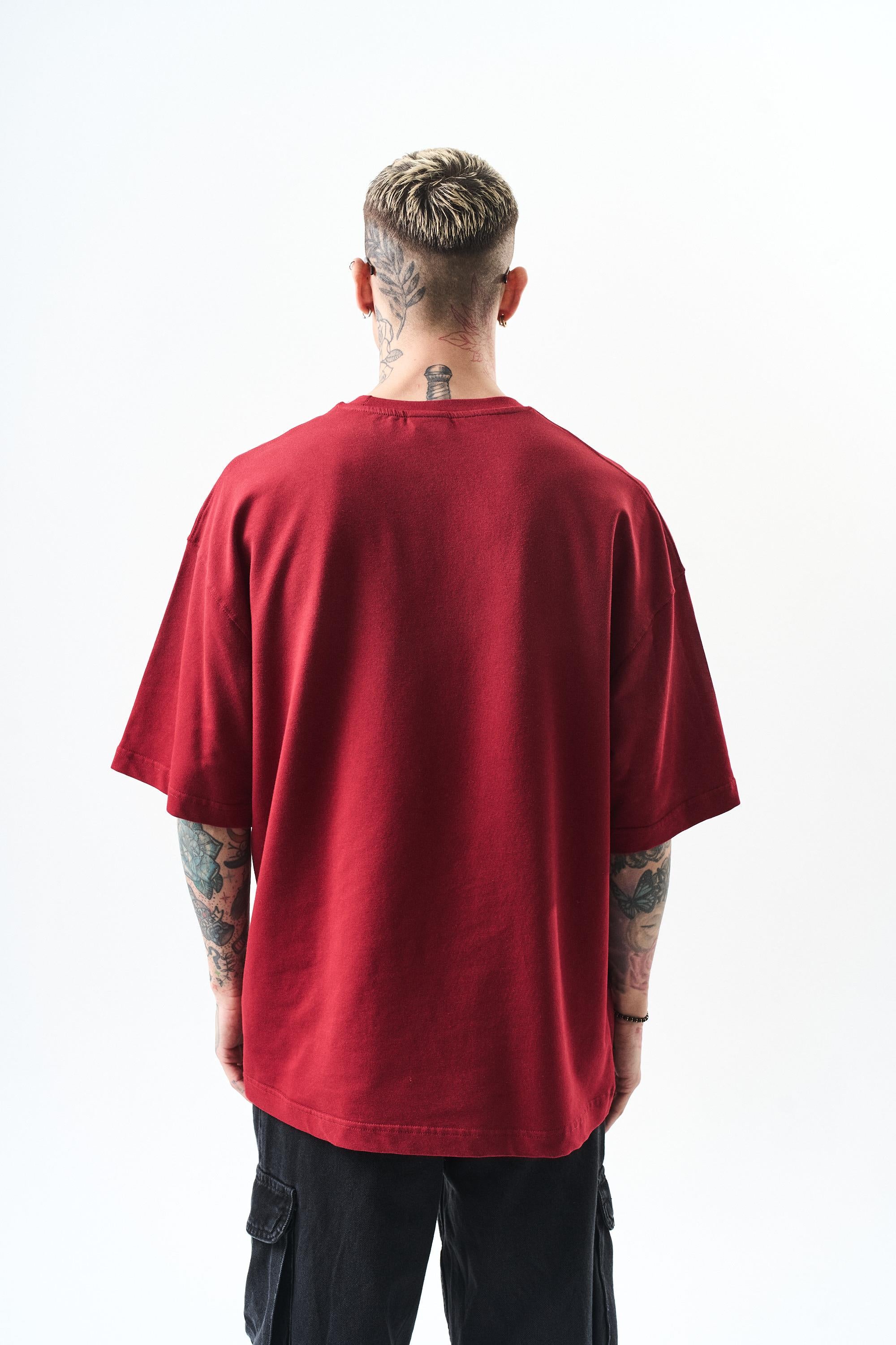 Erkek California Baskılı Oversize T-Shirt Bordo