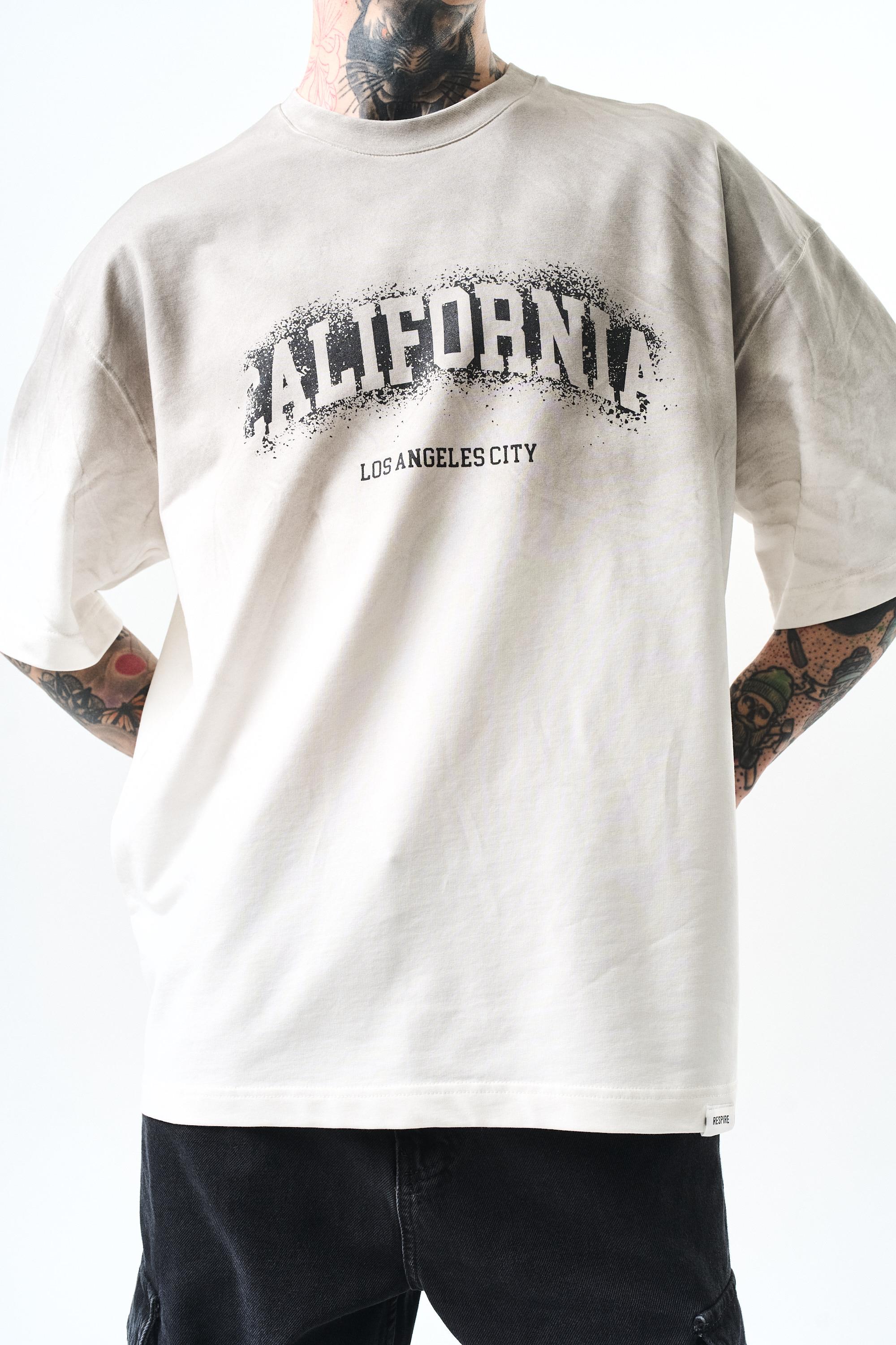 Erkek California Baskılı Oversize T-Shirt Ekru