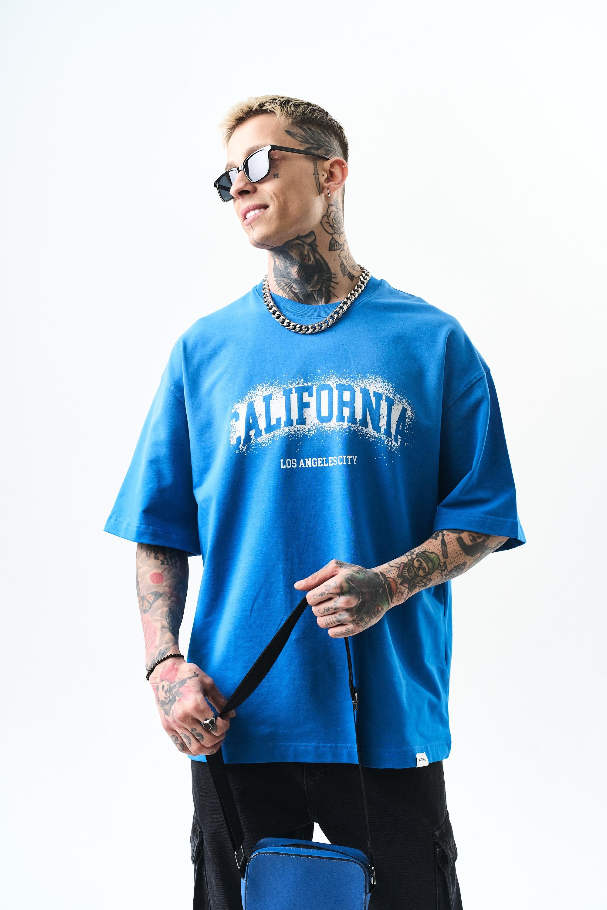 Erkek California Baskılı Oversize T-Shirt Mavi