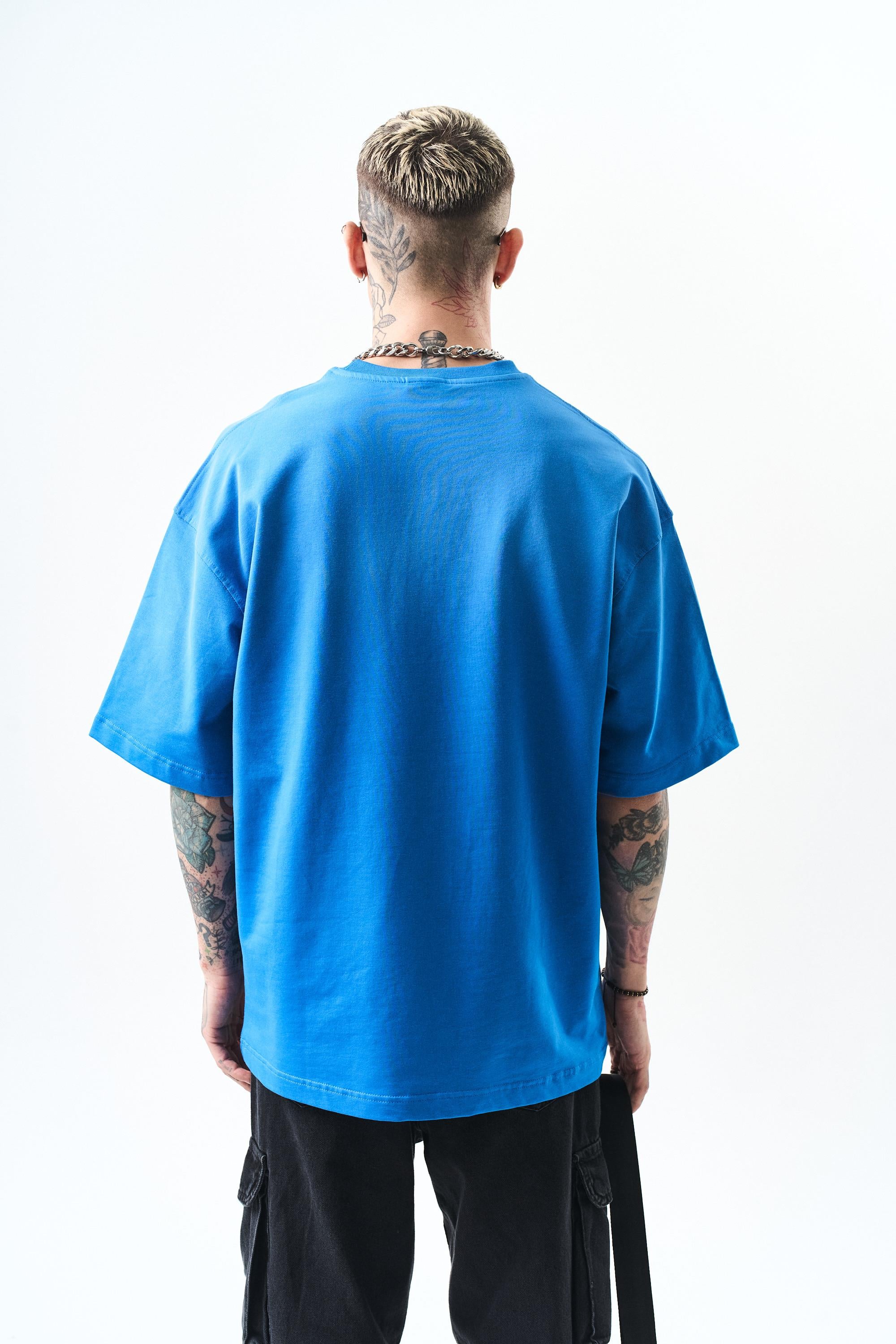 Erkek California Baskılı Oversize T-Shirt Mavi
