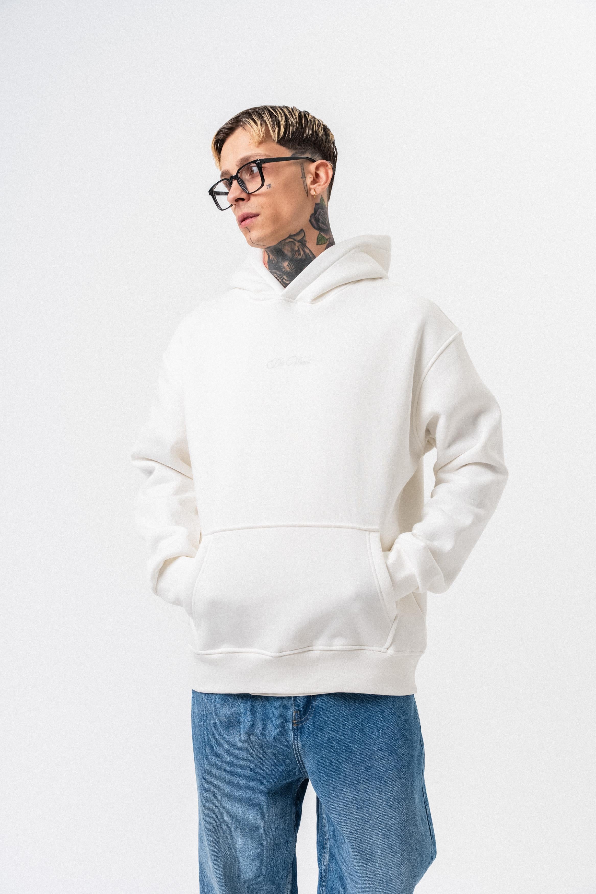 Erkek Da Vinci Baskılı Kapüşonlu Oversize Hoodie Ekru - 3